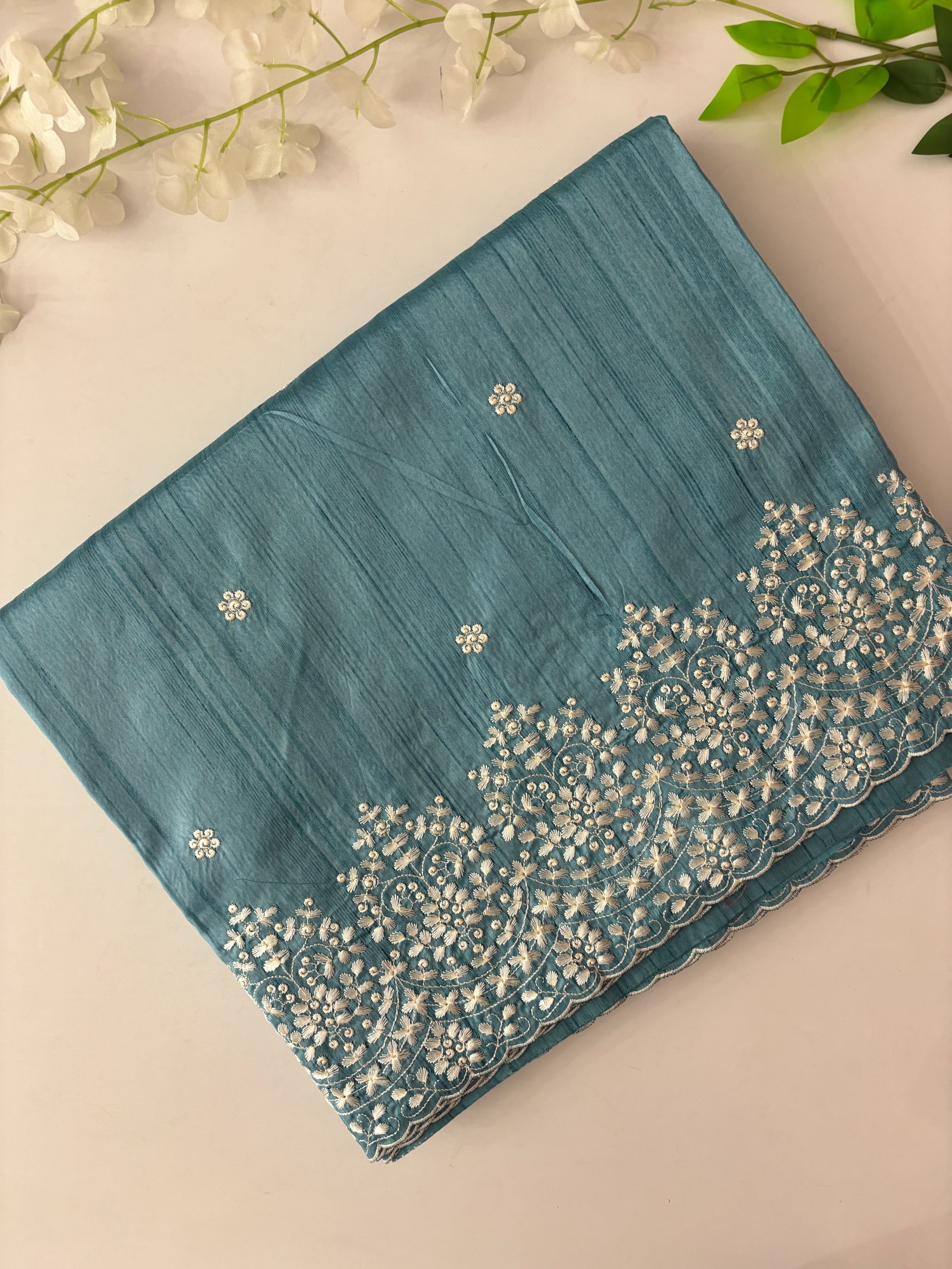 Blue Semi Tussar Silk Saree with Embroidery 