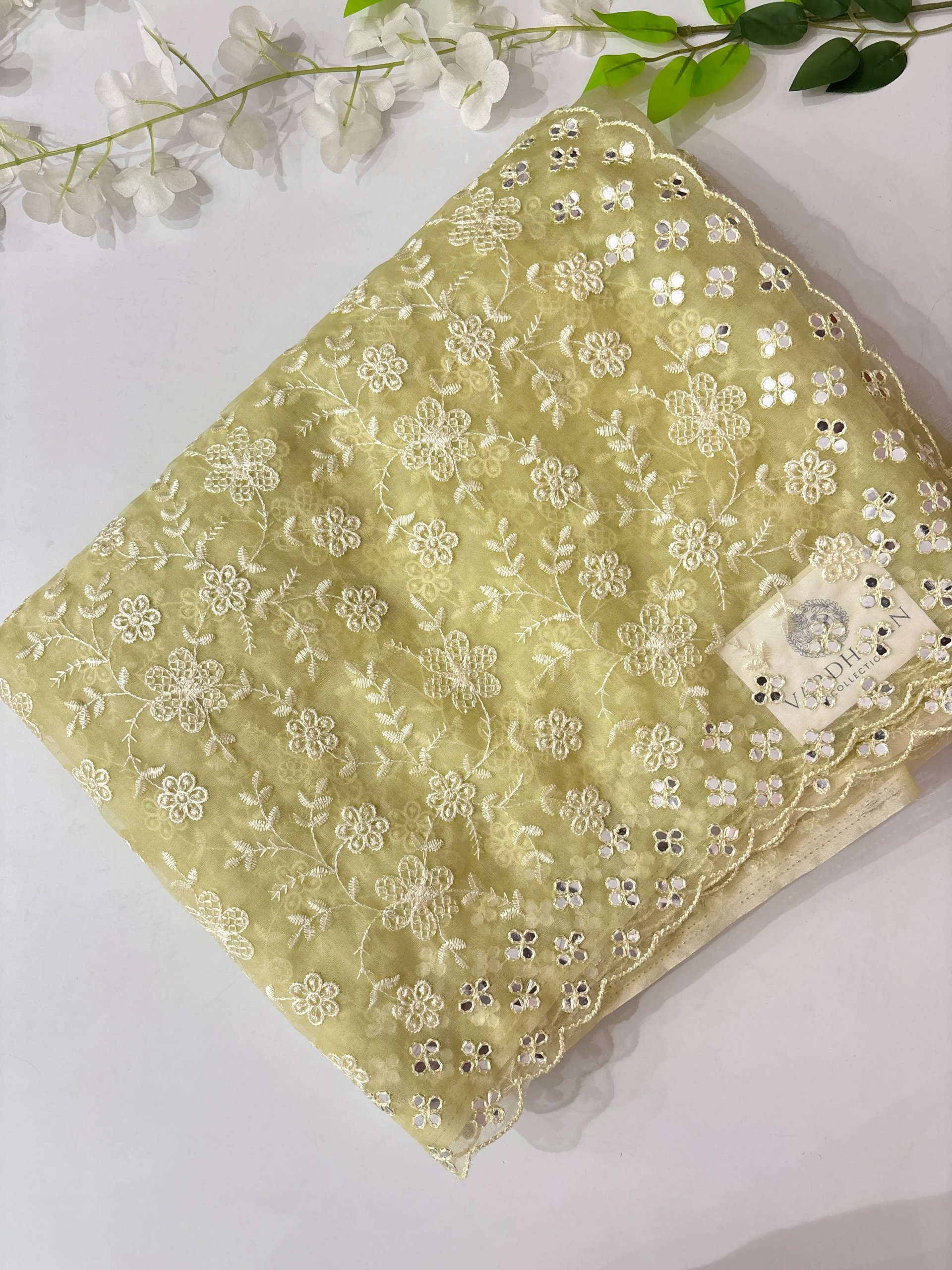 Lemon Yellow Organza Saree with Embroidery & Mirror Work