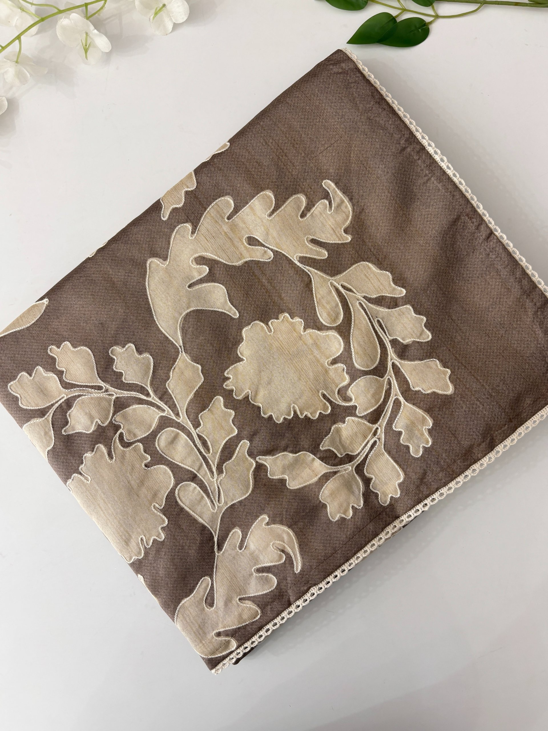 Dark Beige Semi Printed Tussar Silk Sarees with Aari Work