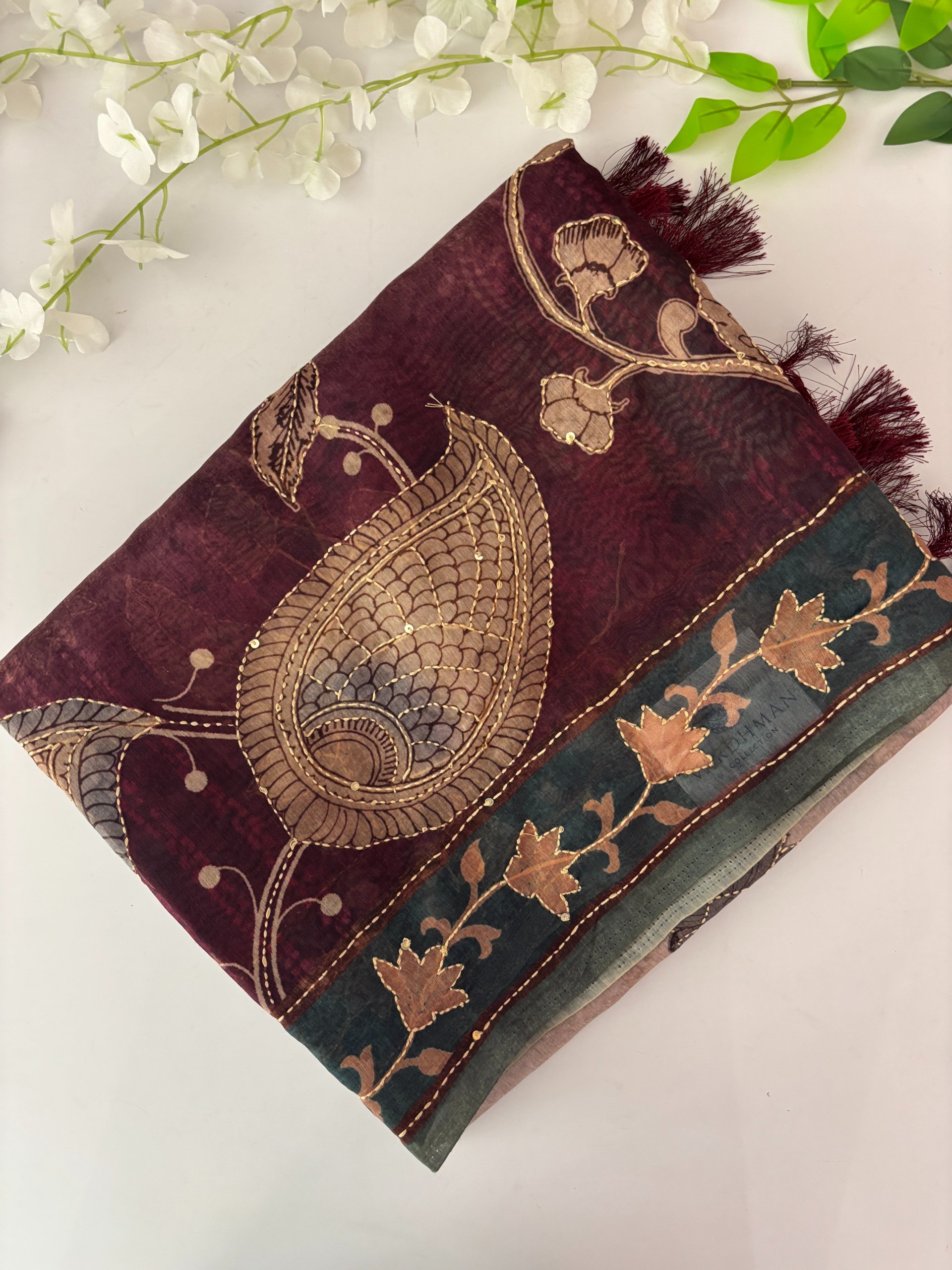 Brown Kantha Work Saree