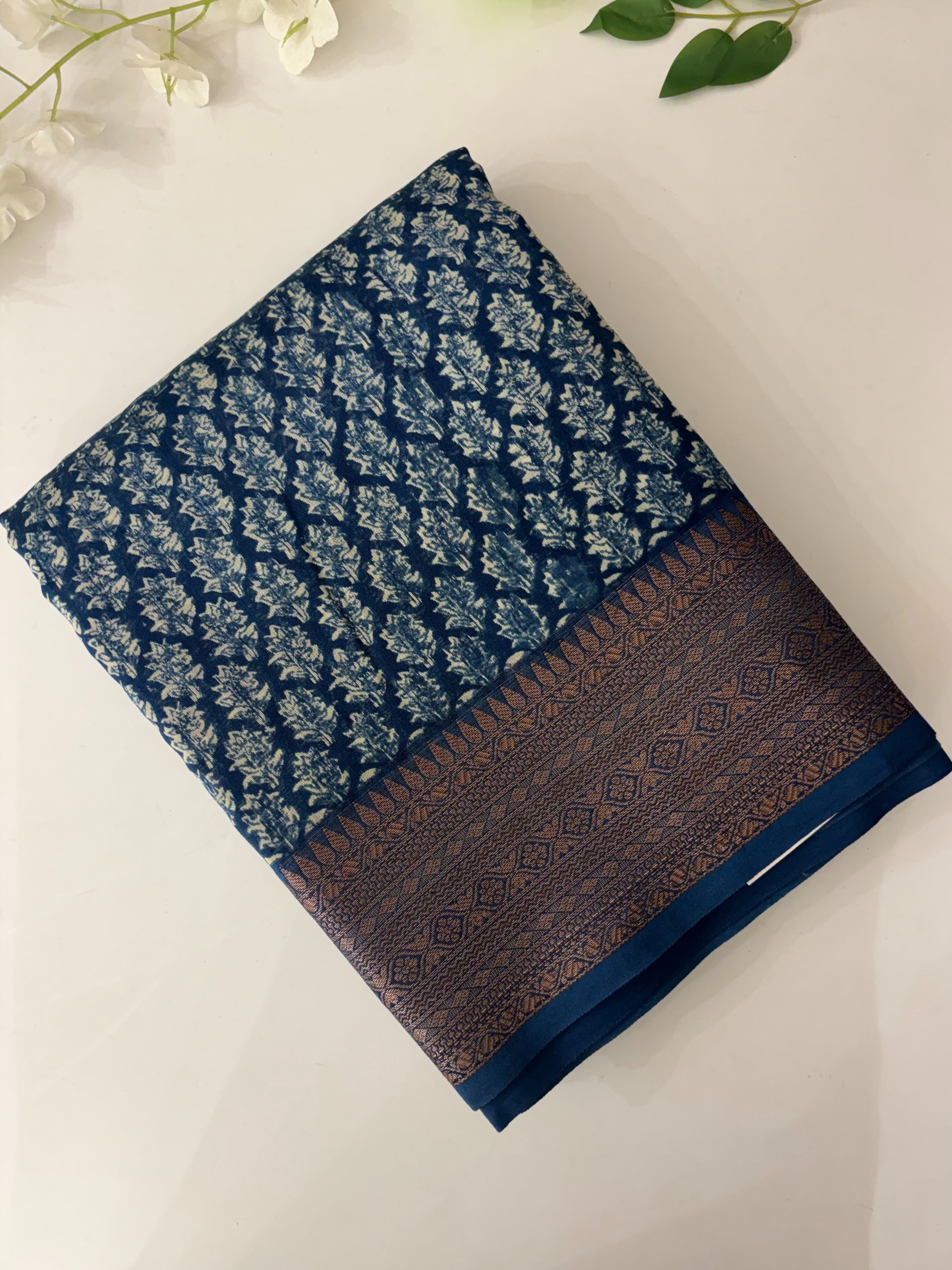 Block Print Indigo Chanderi Cotton Saree