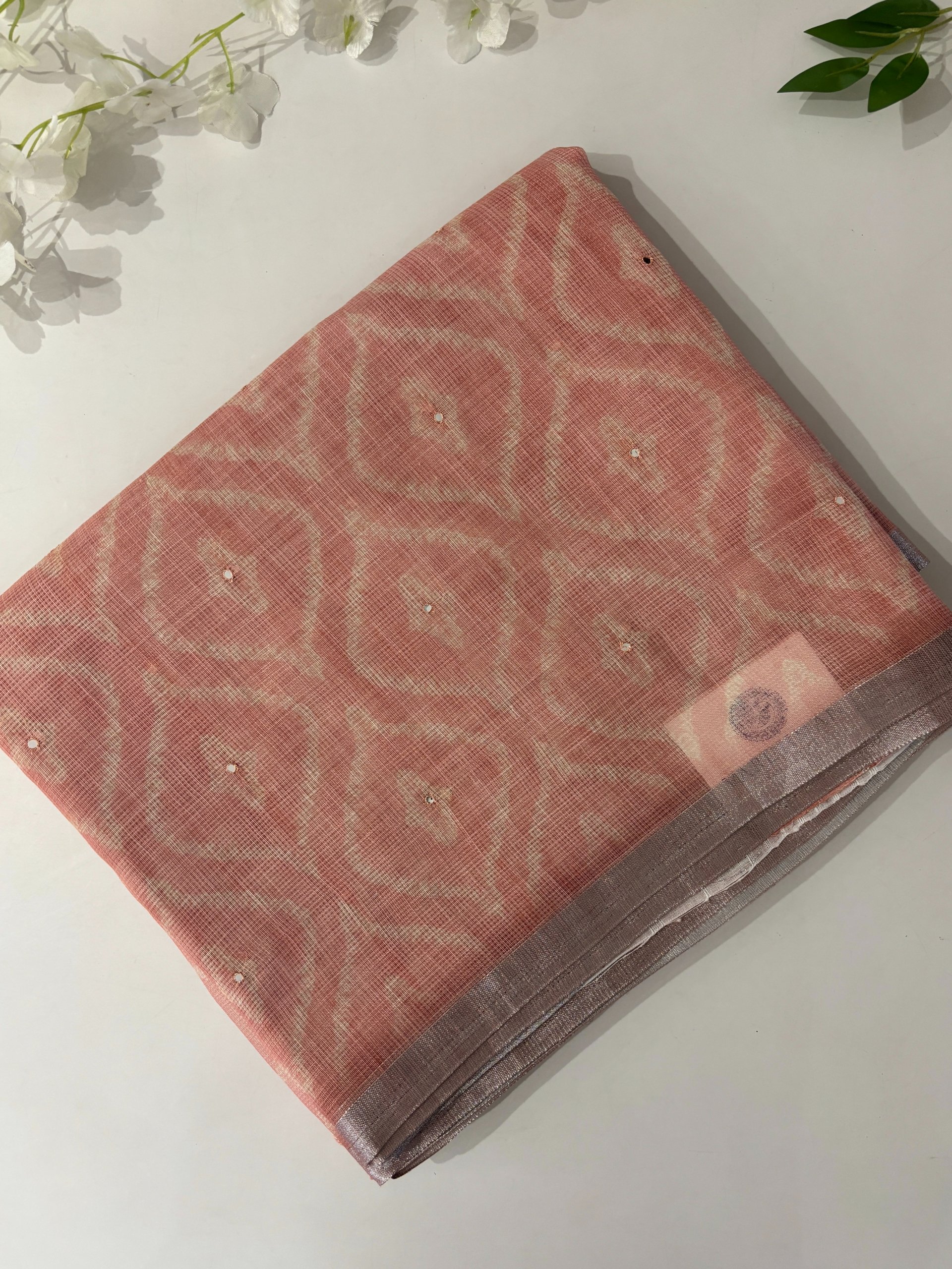 Peach Supernet Linen Sarees with Mirror Work