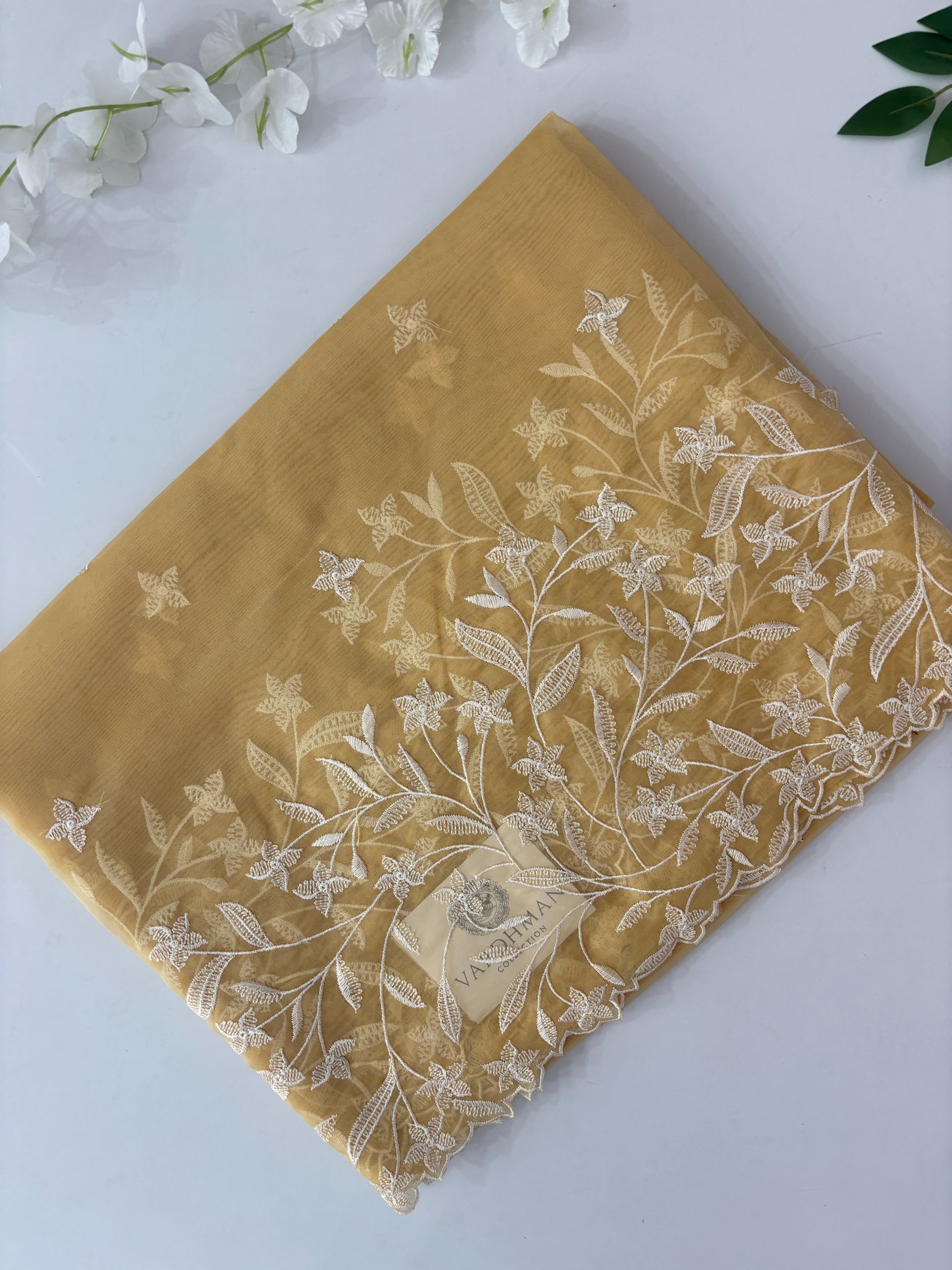 Yellow Organza Saree with Embroidery & Scalloping Border