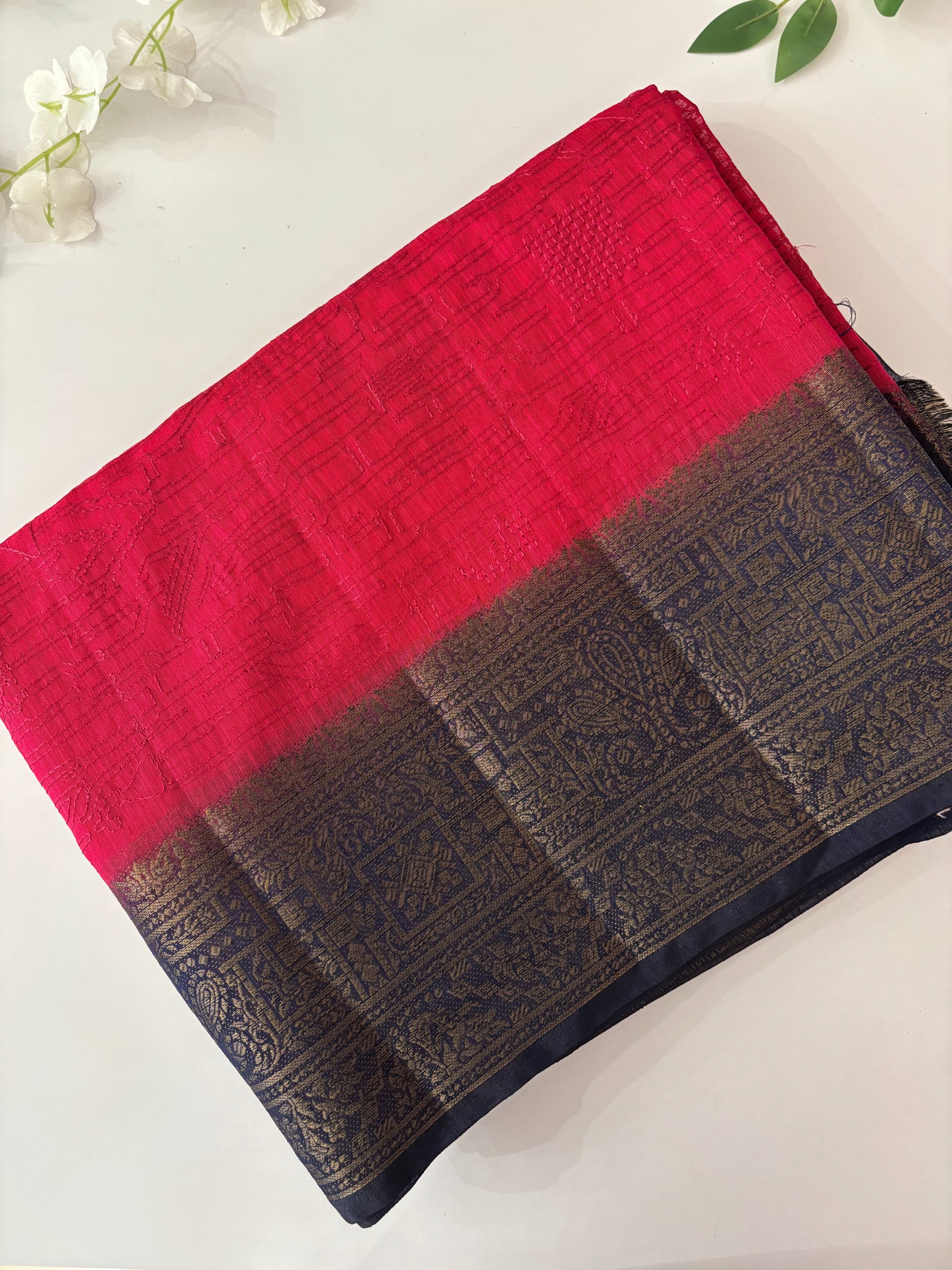 Tomato Red Banarasi Jute Linen Silk Saree with Embroidery