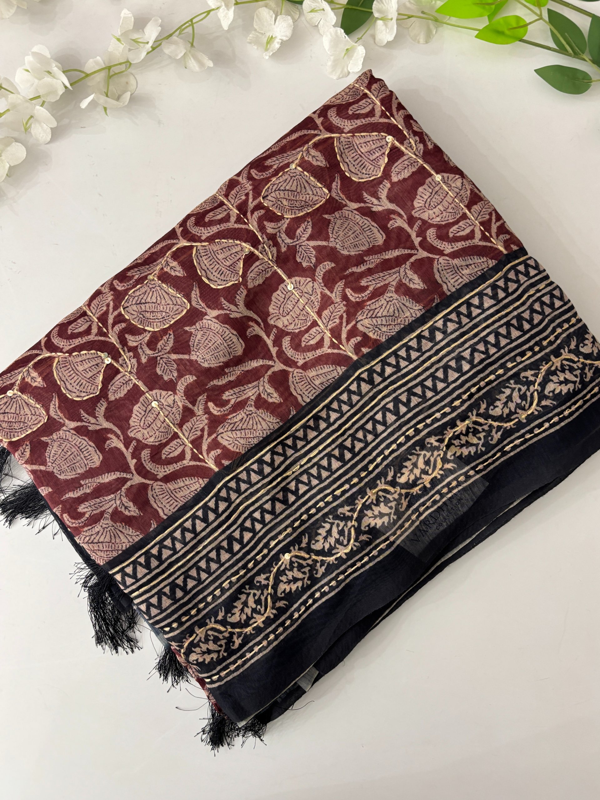 Maroon Kalamkari X Chanderi Cotton Saree with Kantha Work