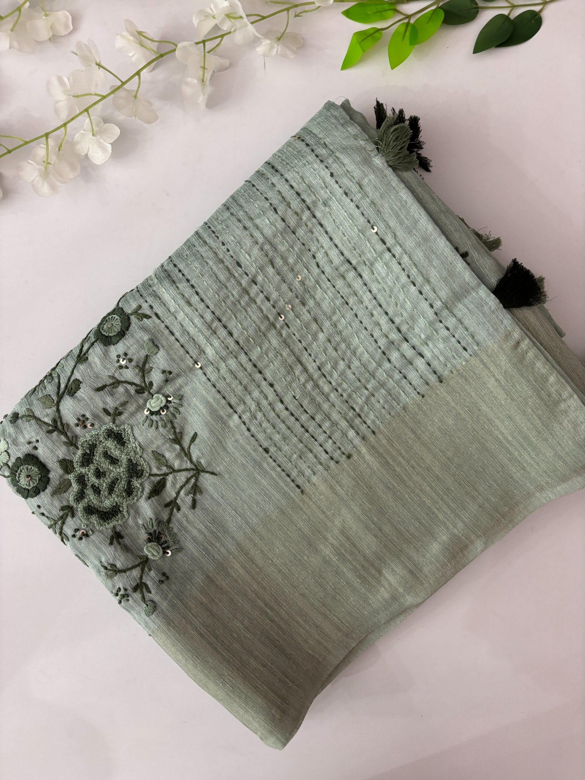 Blue Jute Cotton Saree with Knot Work 