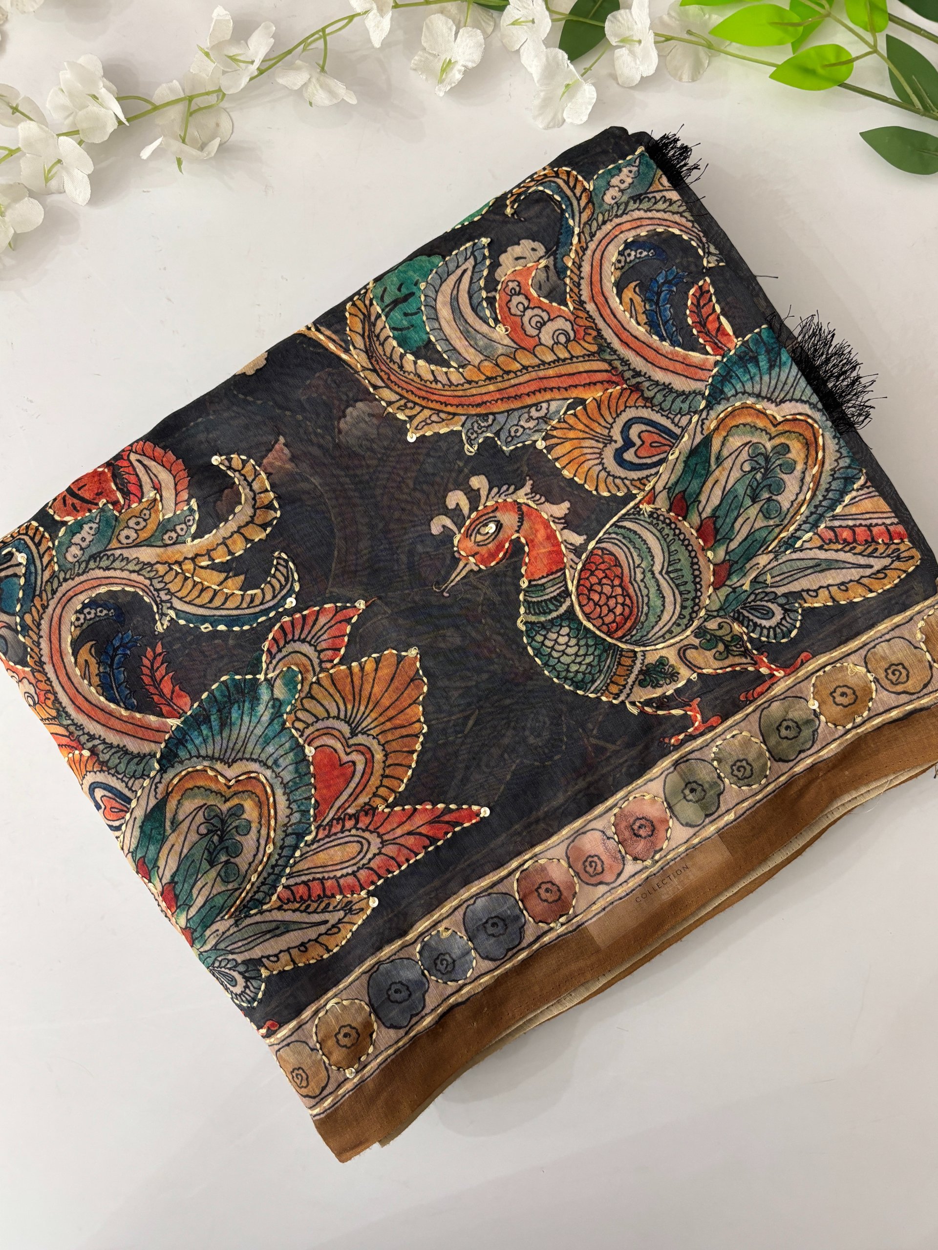 Grey Kalamkari X Chanderi Cotton Saree with Kantha Work