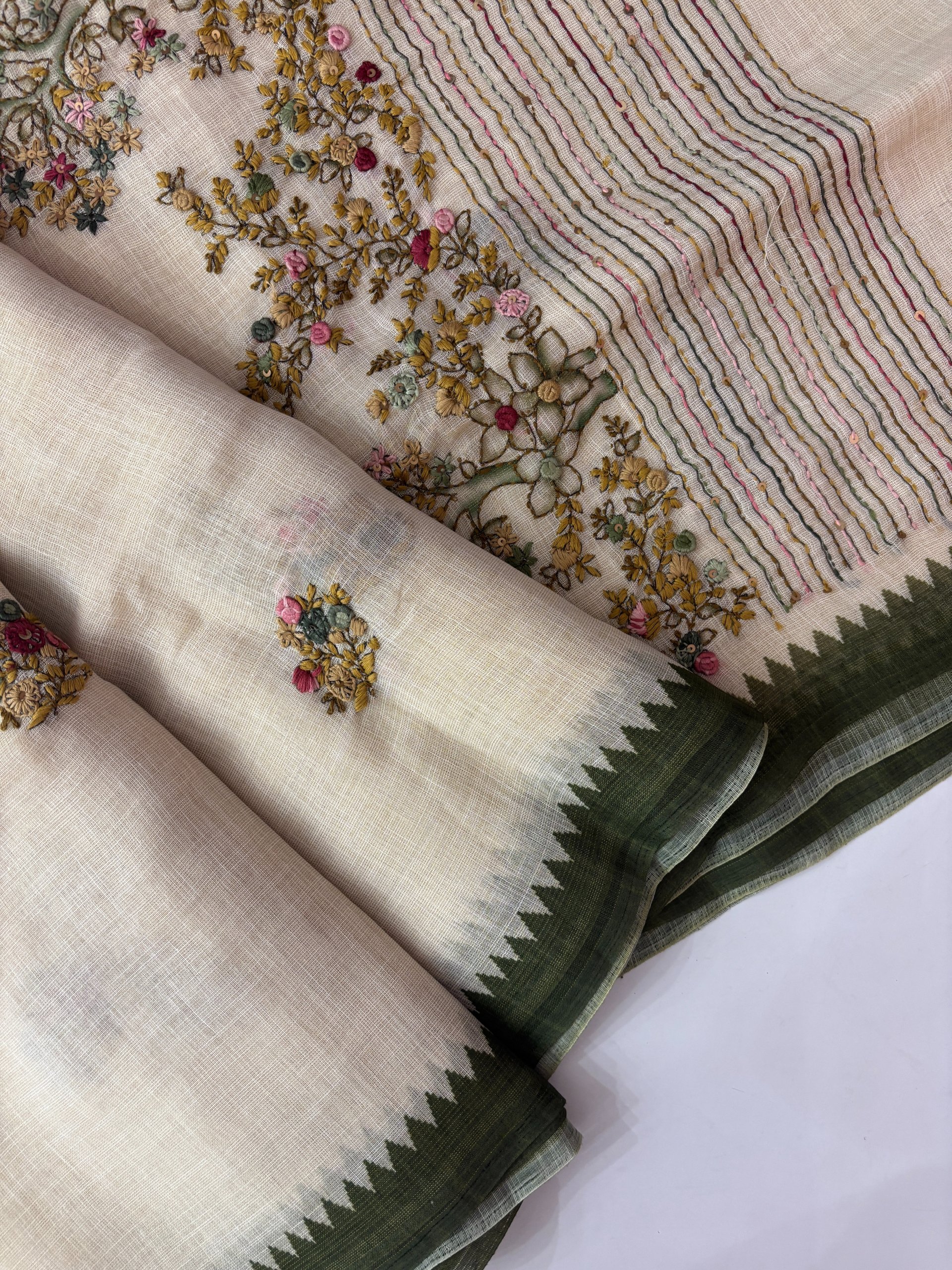 Green Linen Tissue Saree with Knot Work