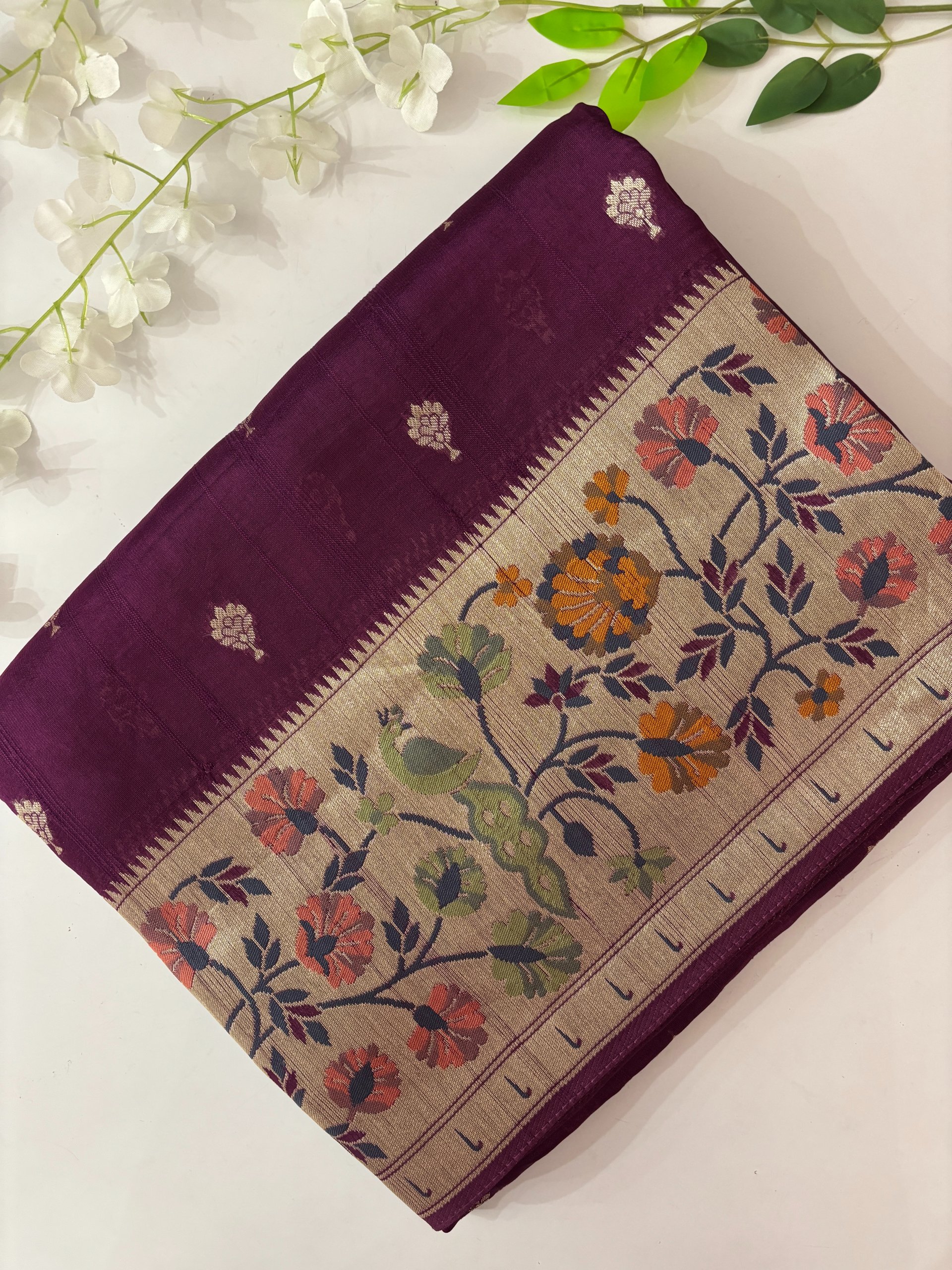 Wine Paithani Border Banarasi Tussar Silk Saree