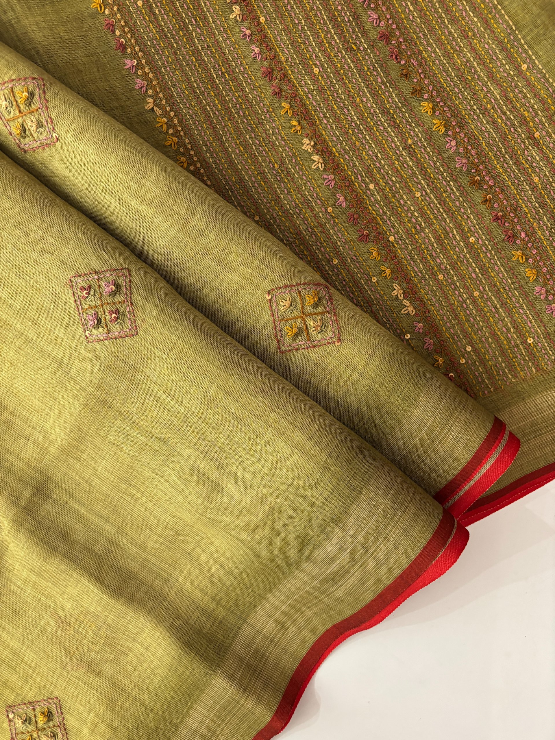 Green Linen Tissue Saree with Knot Work