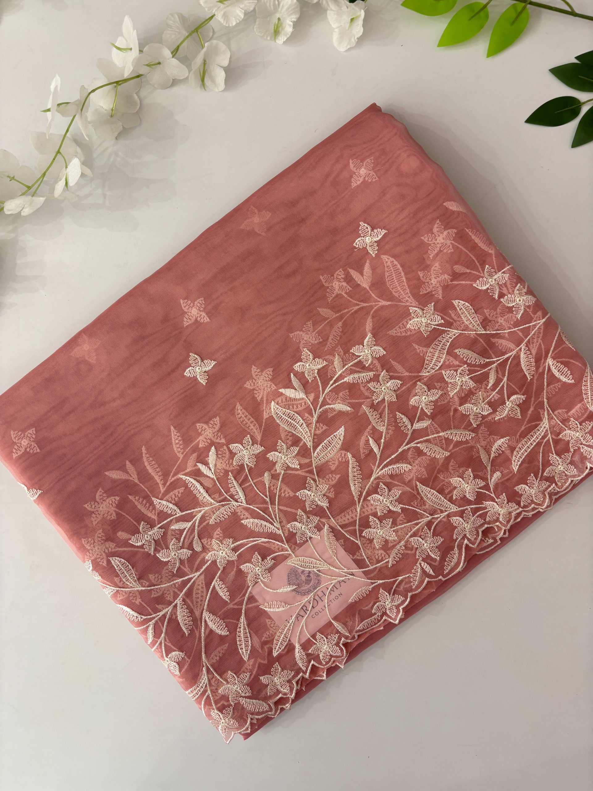 Peach Organza Saree with Embroidery & Scalloping Border