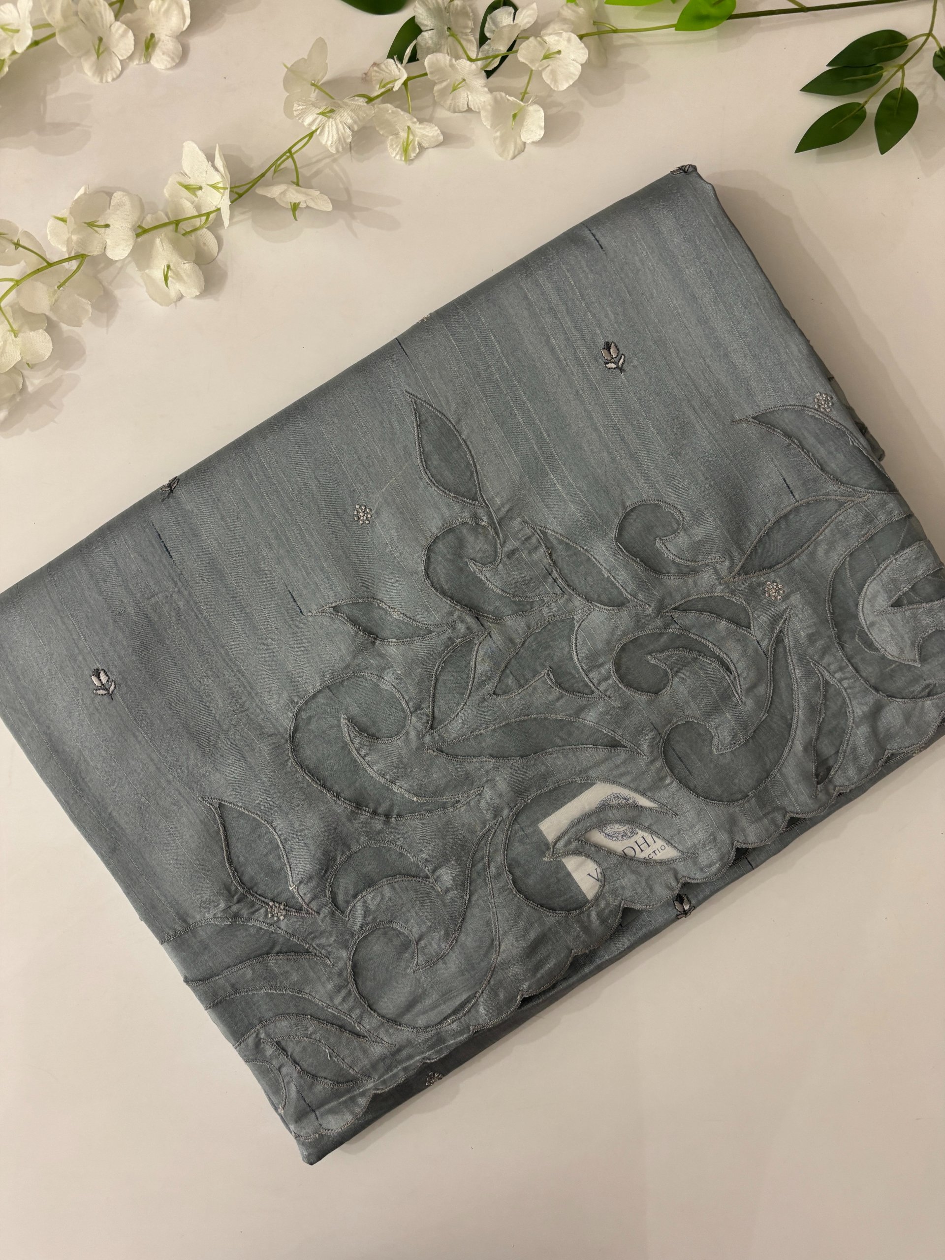 Grey Tussar Silk Sarees with Applique Work