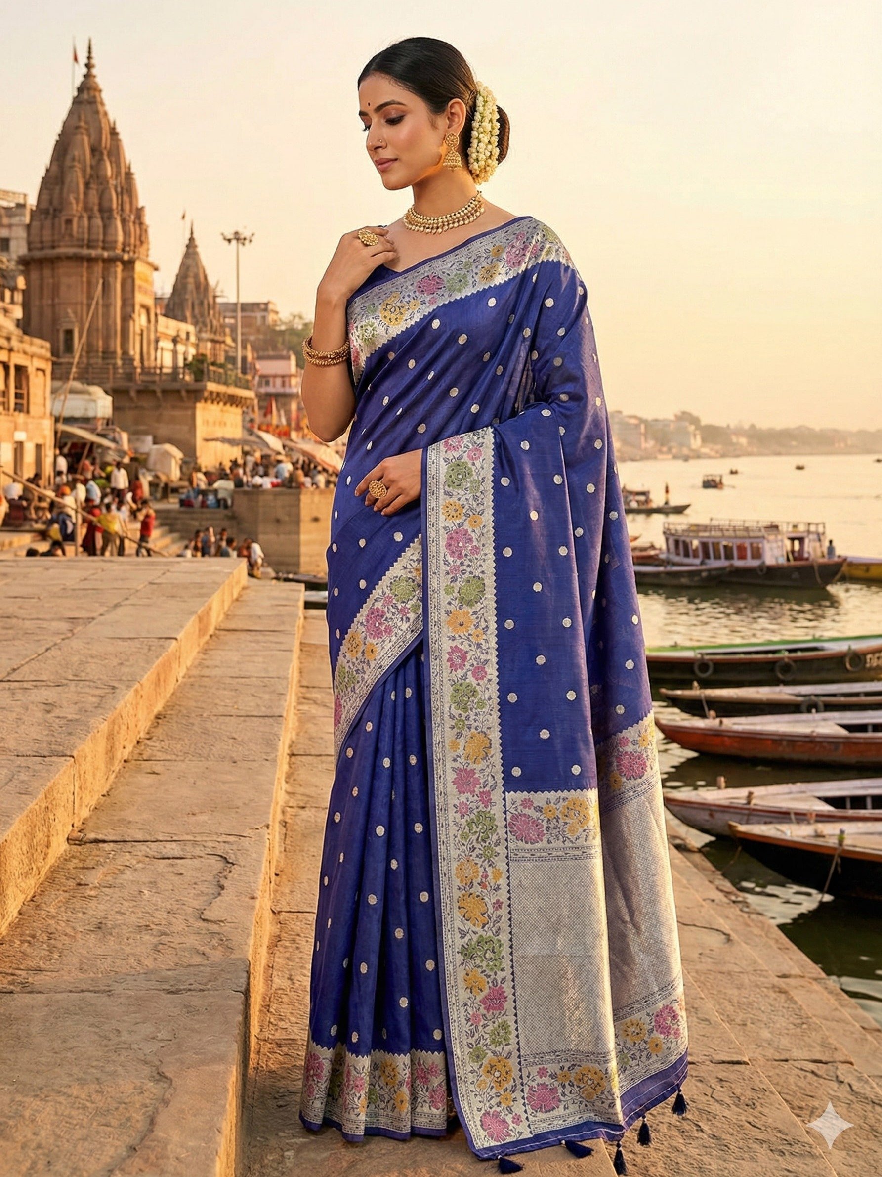 Blue Banarasi Tussar Tissue Saree
