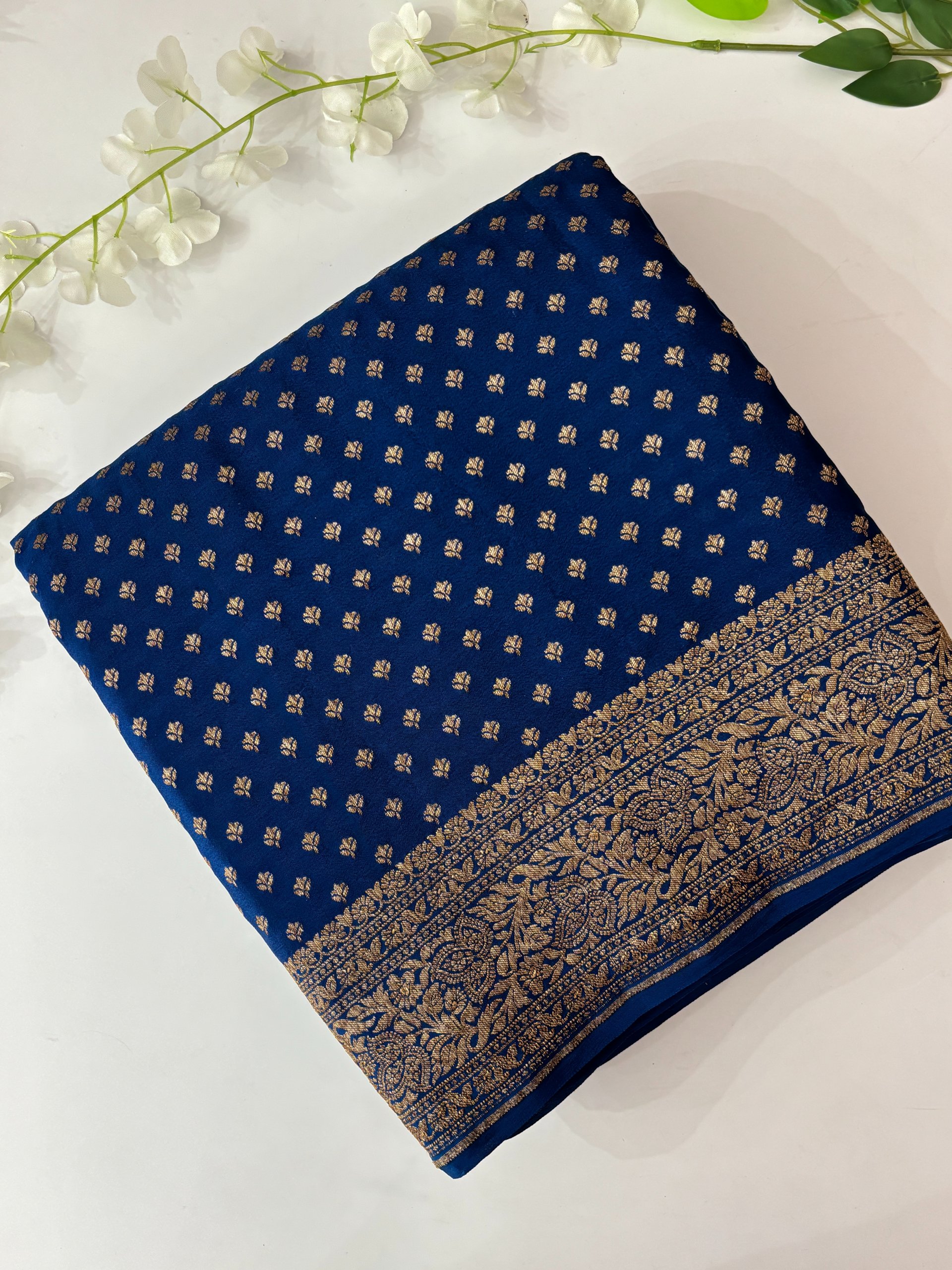 Blue Banarasi Pure Crepe Saree