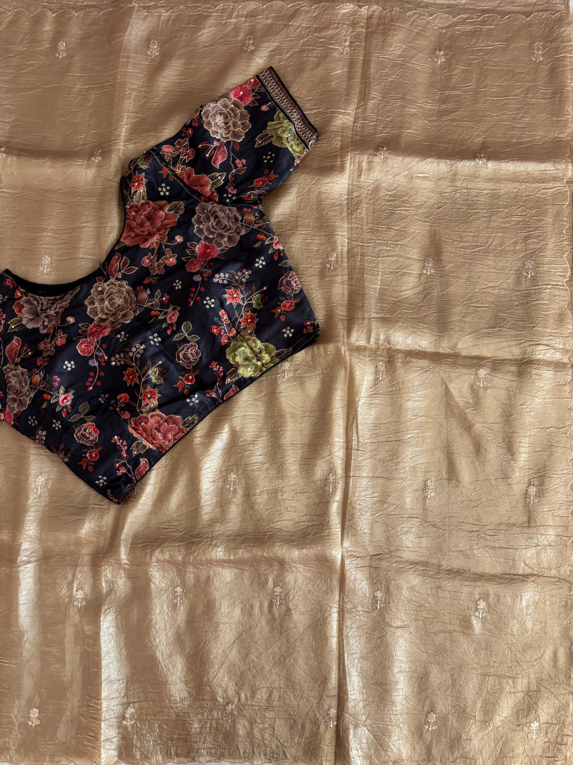 Golden Tissue Crush Organza Saree with Aari Work