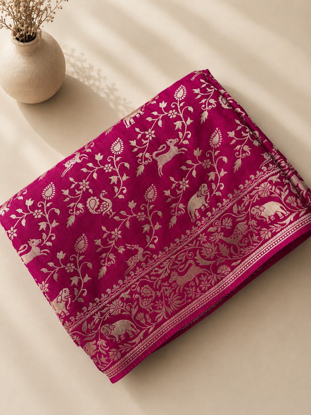 Pink Banarasi Silk Saree with Floral Jaal & Animal Bird Motifs