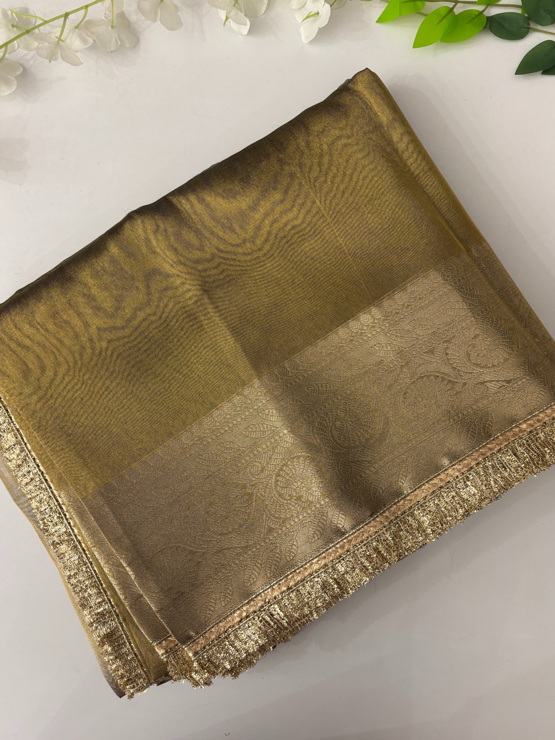 Mustard Banarasi Tissue Saree with Lace Border