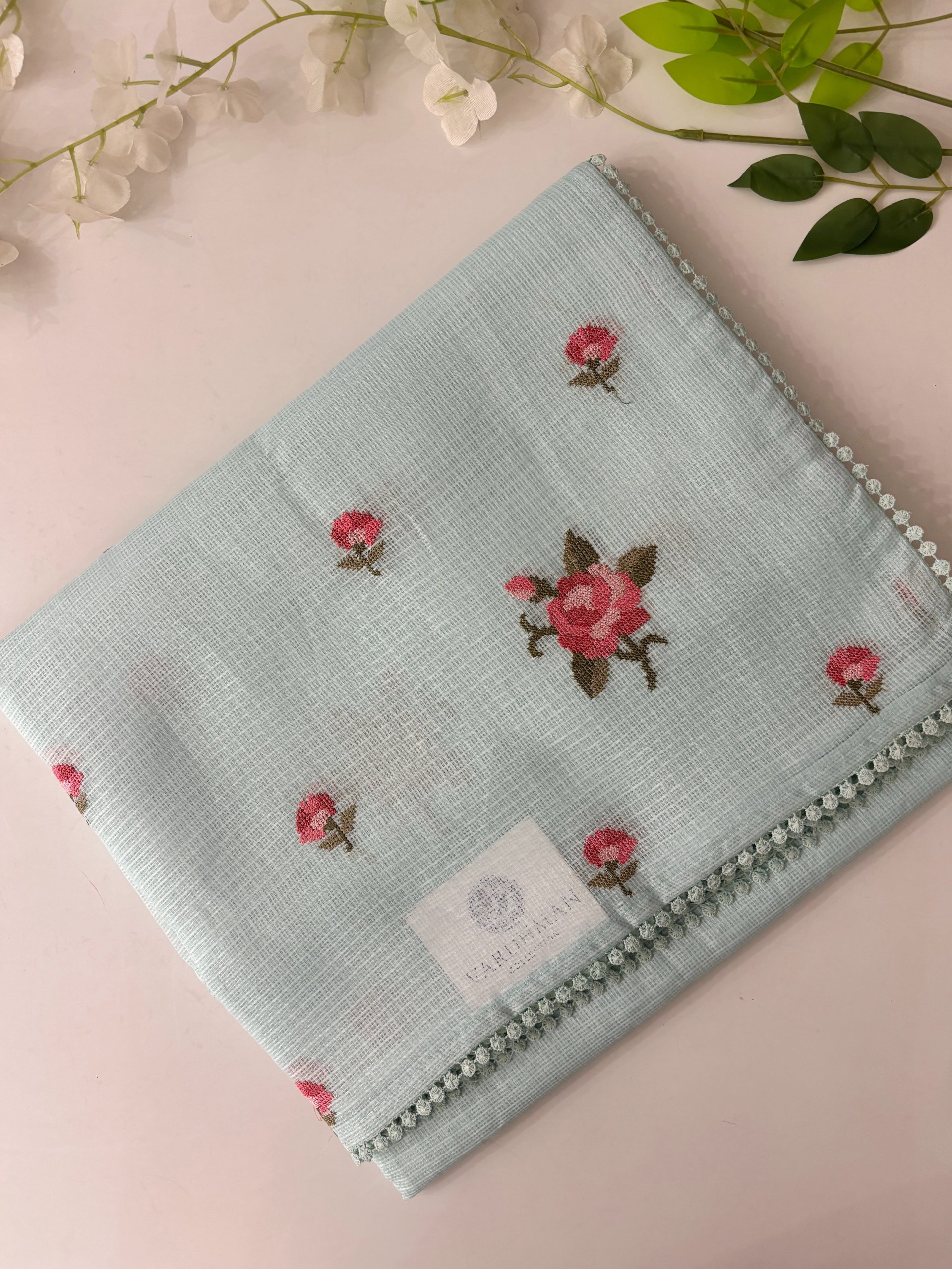 Light Blue Supernet Saree with Cross Stitch Embroidery