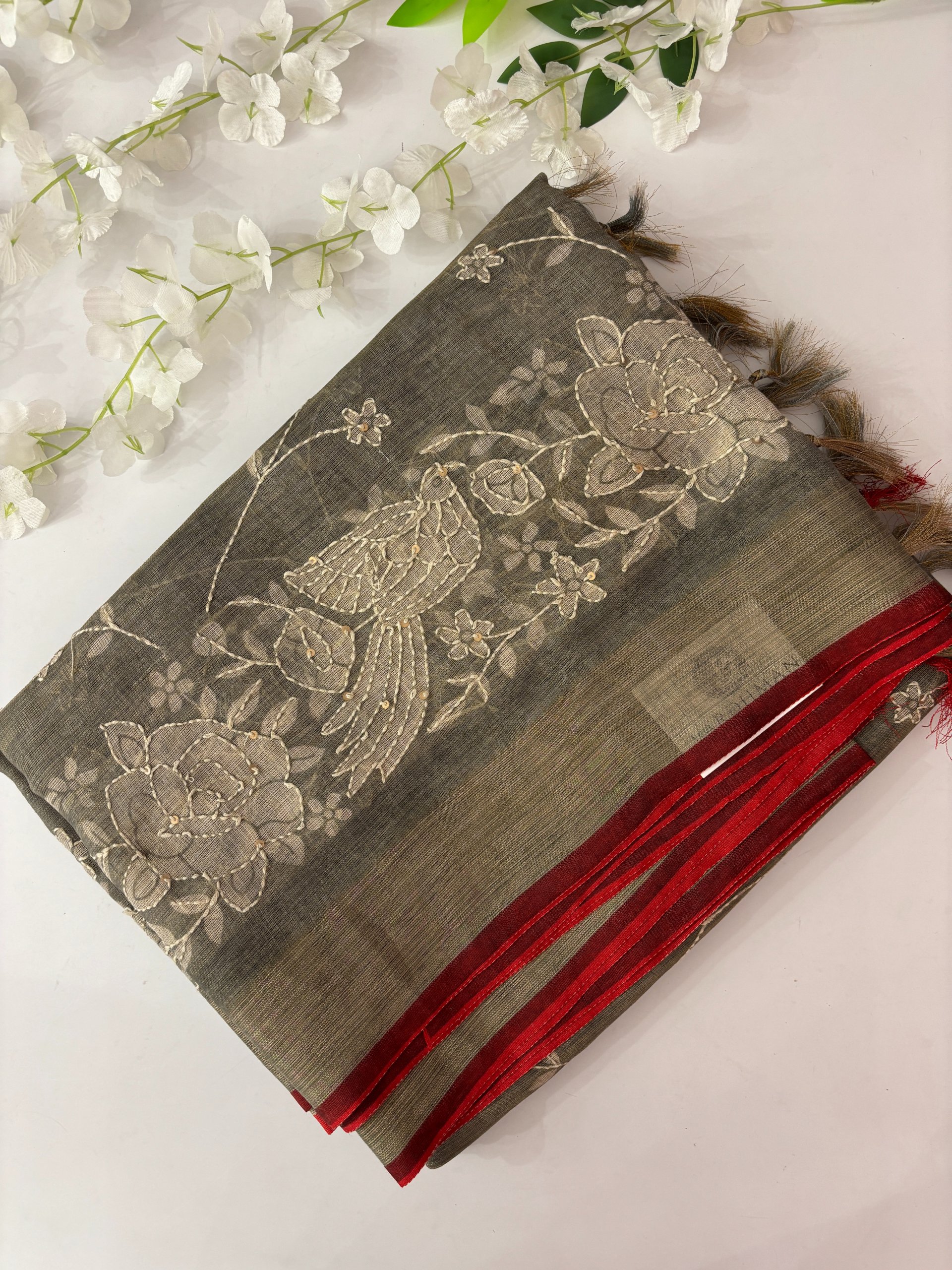Grey Linen Tissue Saree with Kantha Work