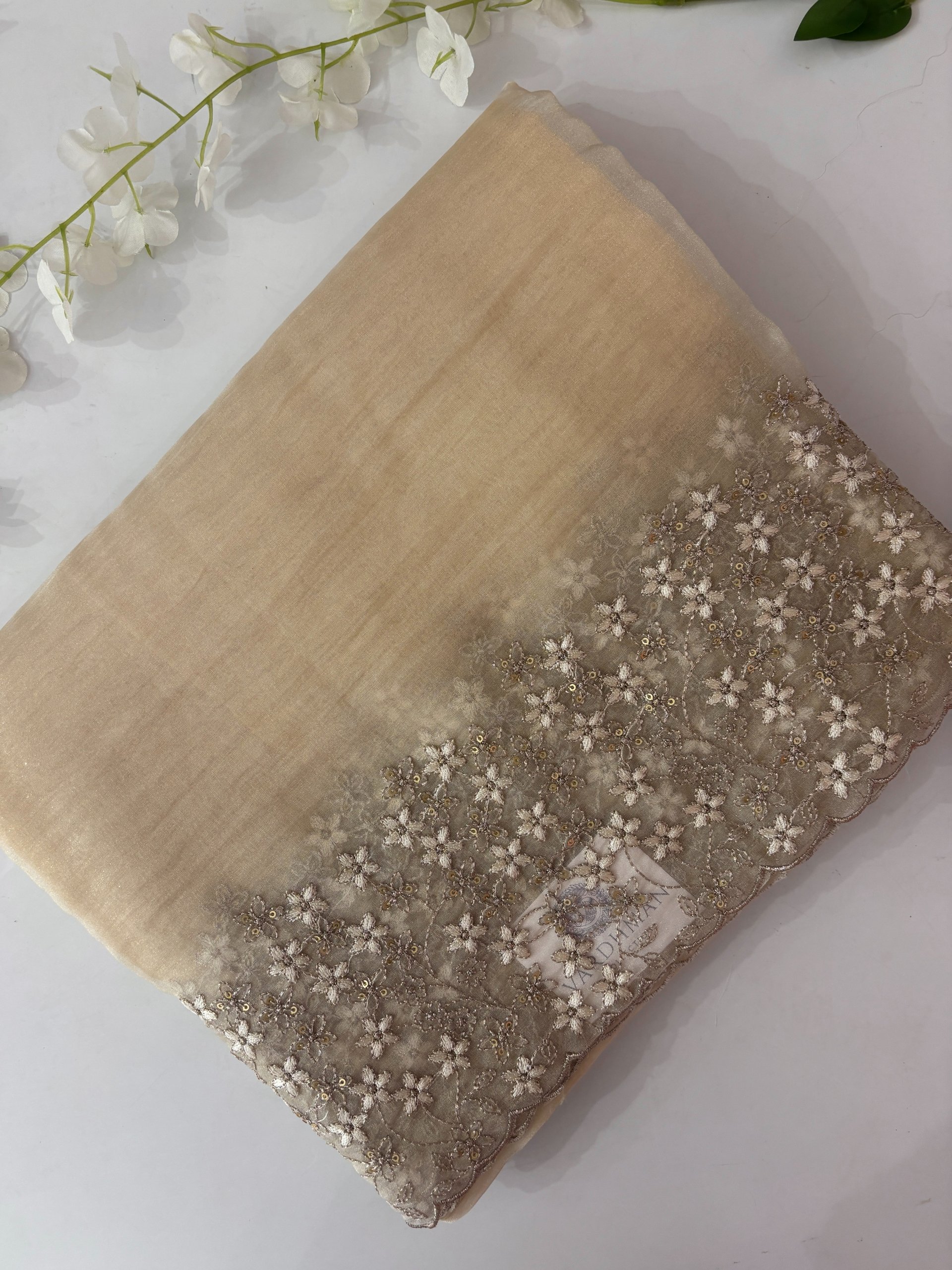 Golden Crush Tissue Organza Saree with Embroidery