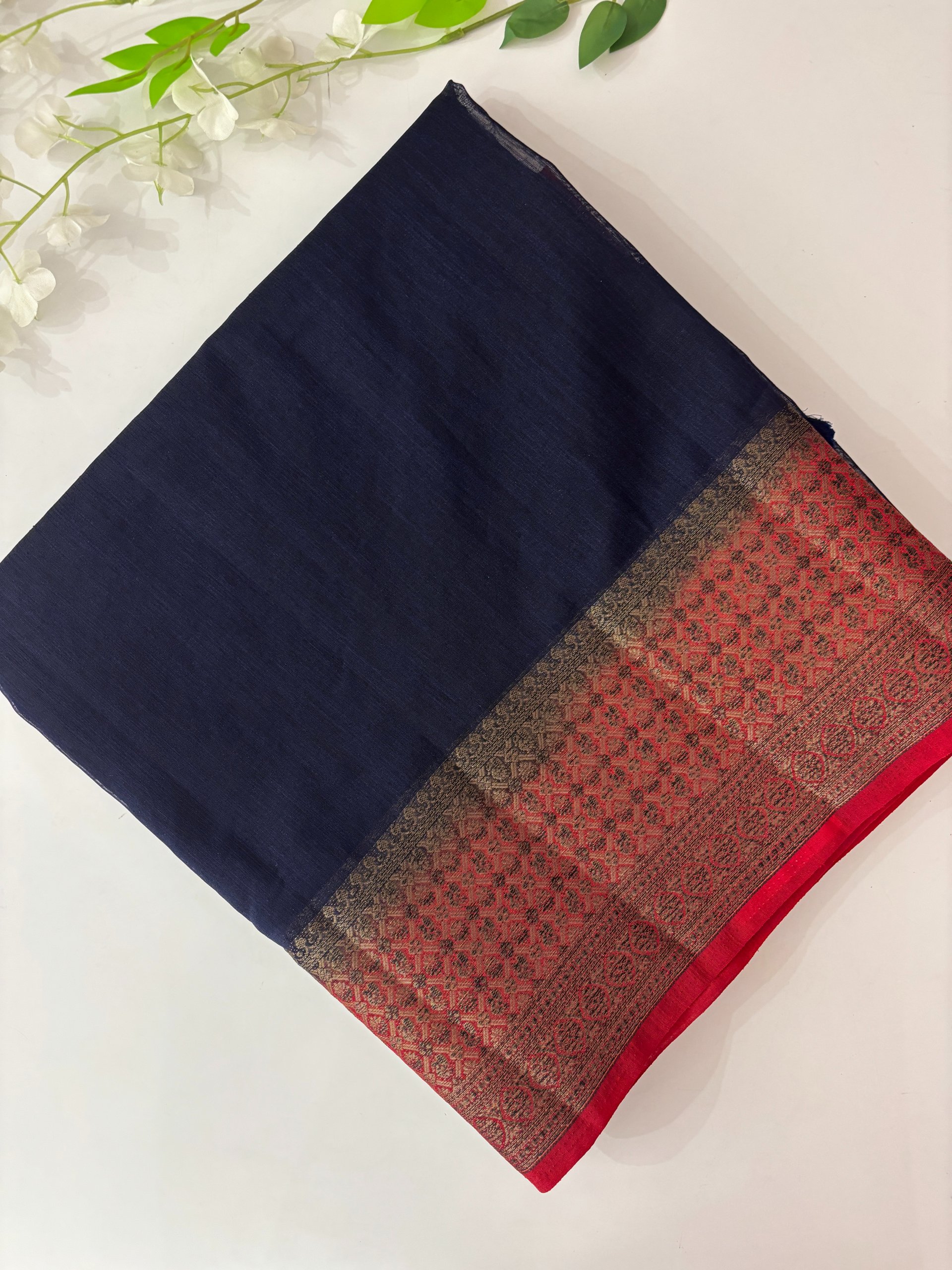 Navy Blue and Red Banarasi Jute Linen Silk Saree