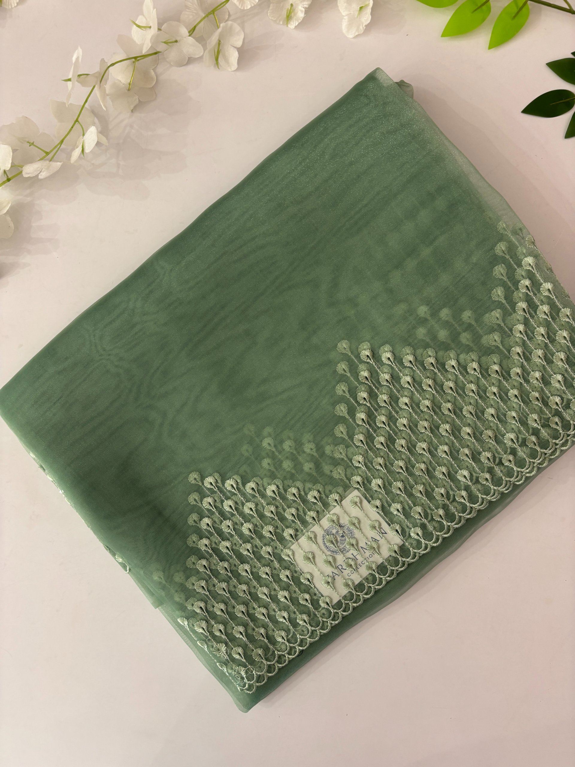 Green Tissue Organza Sarees with Scalping Border