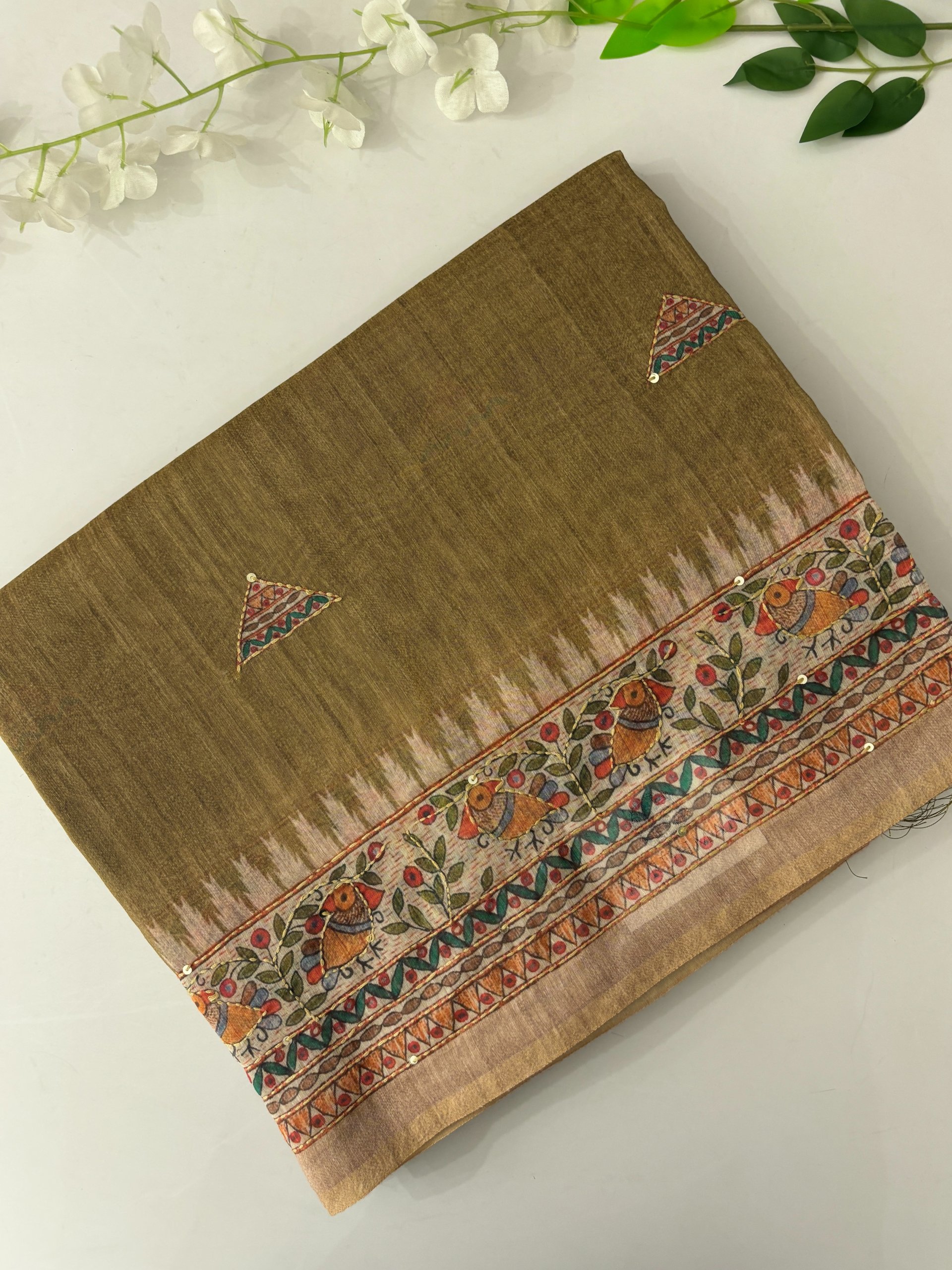 Green Madhubani Saree with Kantha Work Online