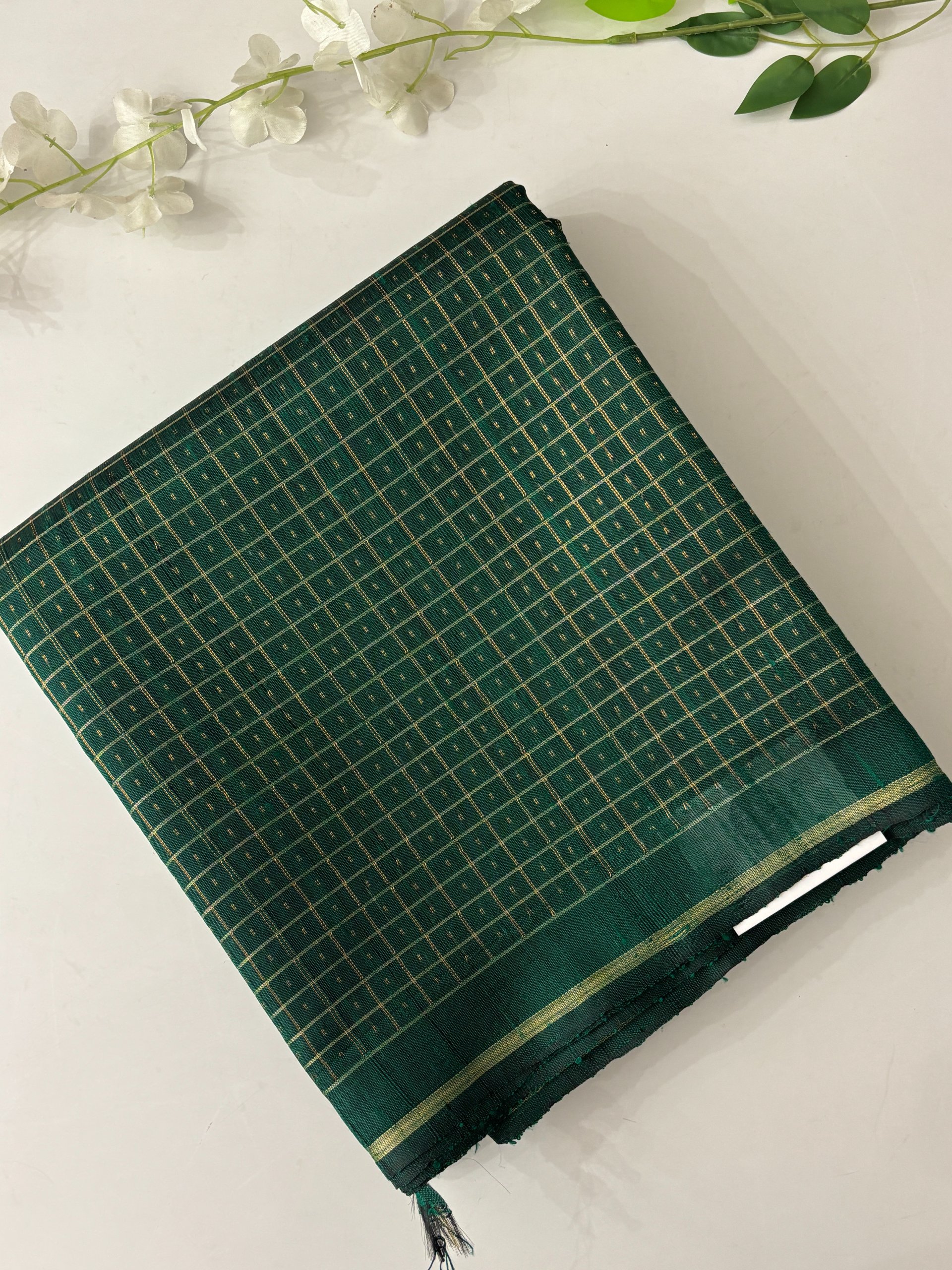 Green Checks Pure Handloom Raw Silk Saree