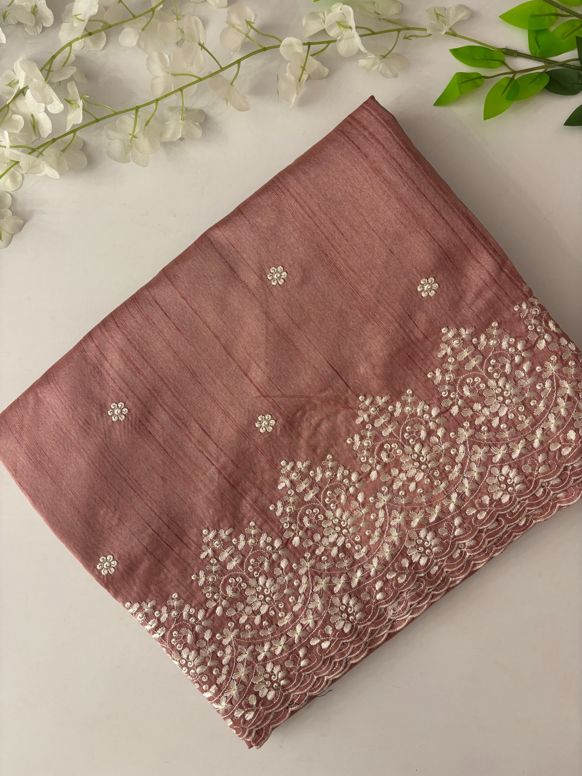Dusty Peach Semi Tussar Silk Saree with Embroidery on it