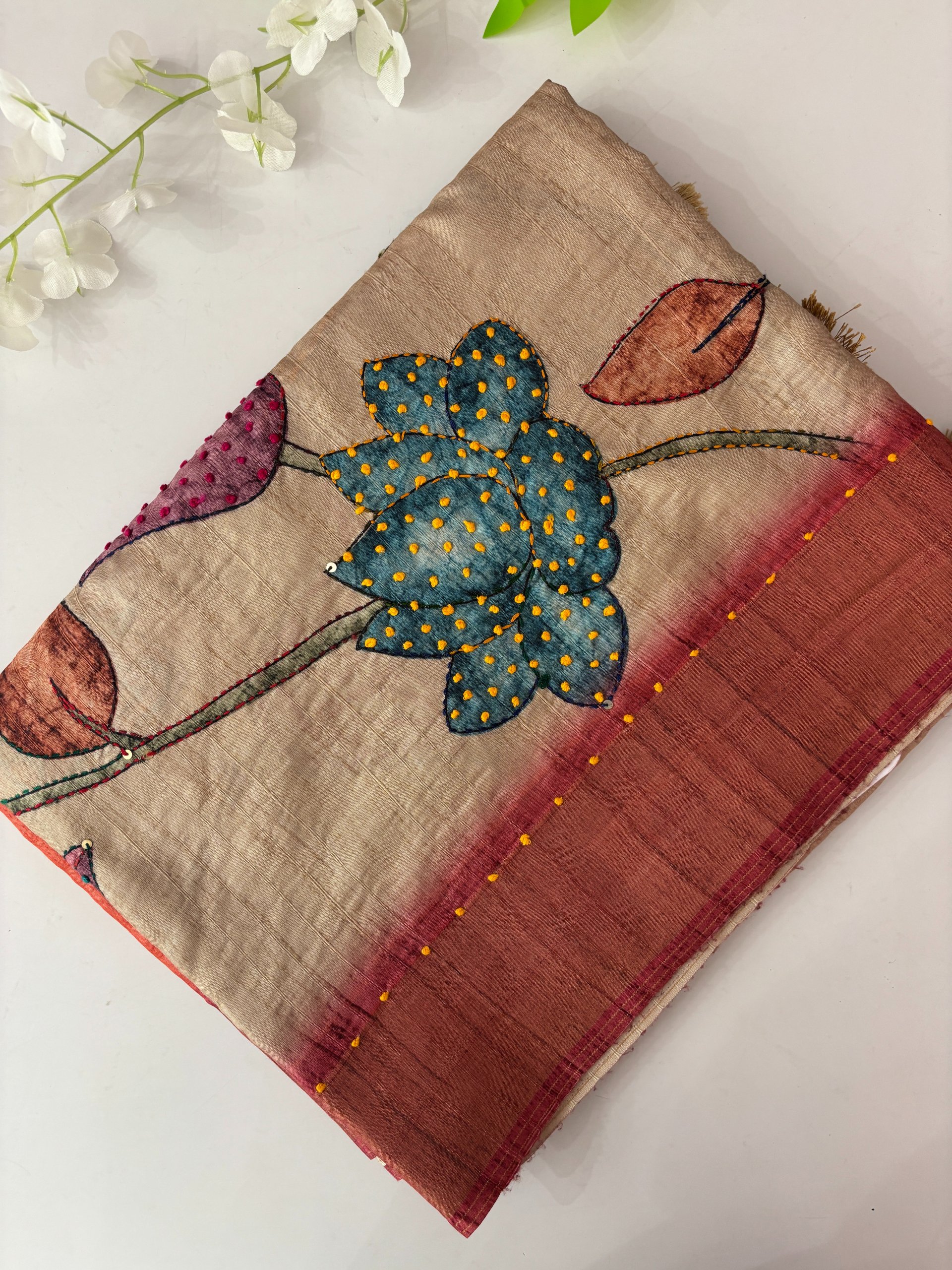 Brick Printed Raw Silk Saree with Knot Work