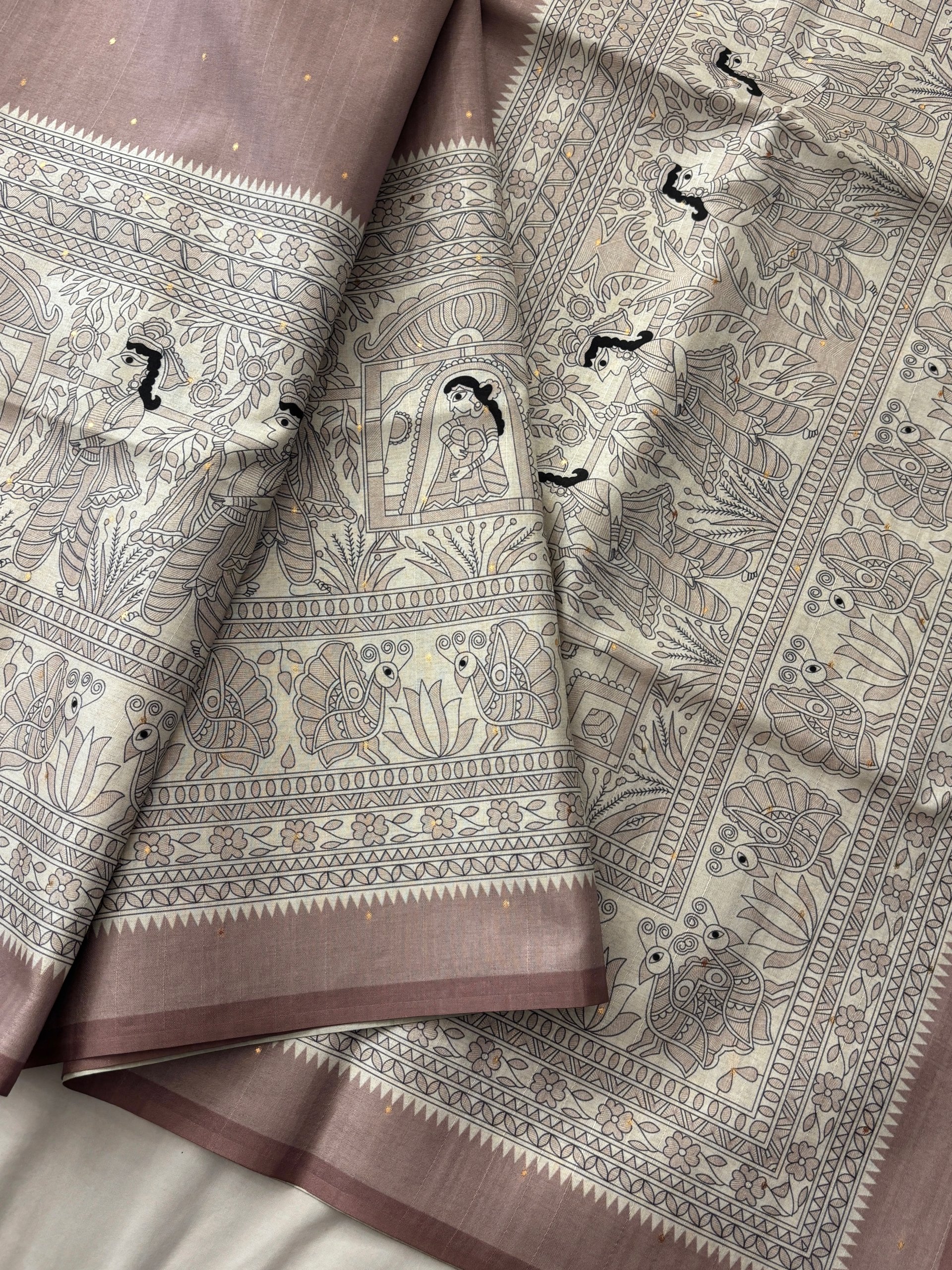 Dusty Pink Tussar Silk Madhubani Print Saree