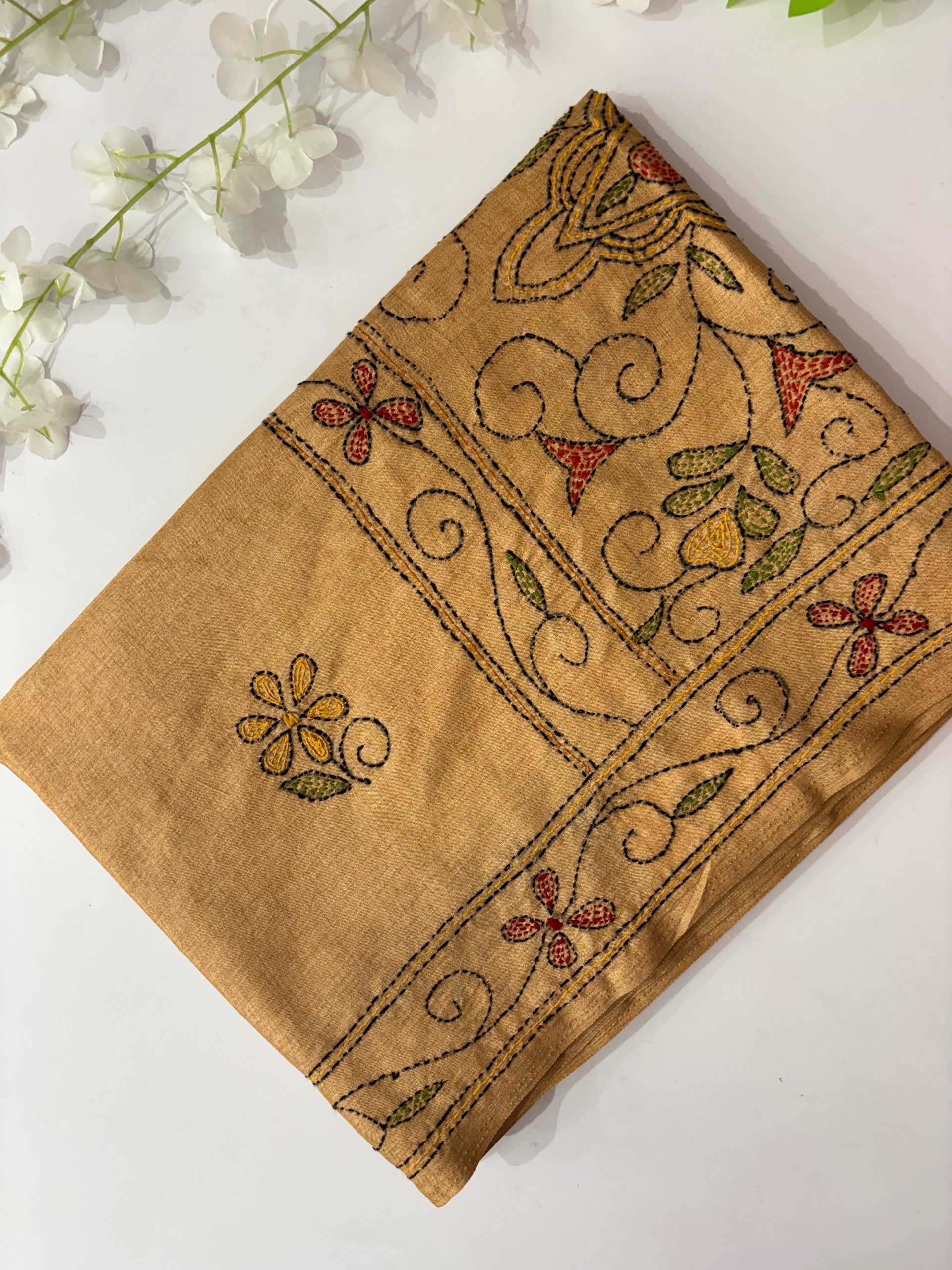 Dusty Mustard - Semi Desi Tussar Silk with Kantha Work