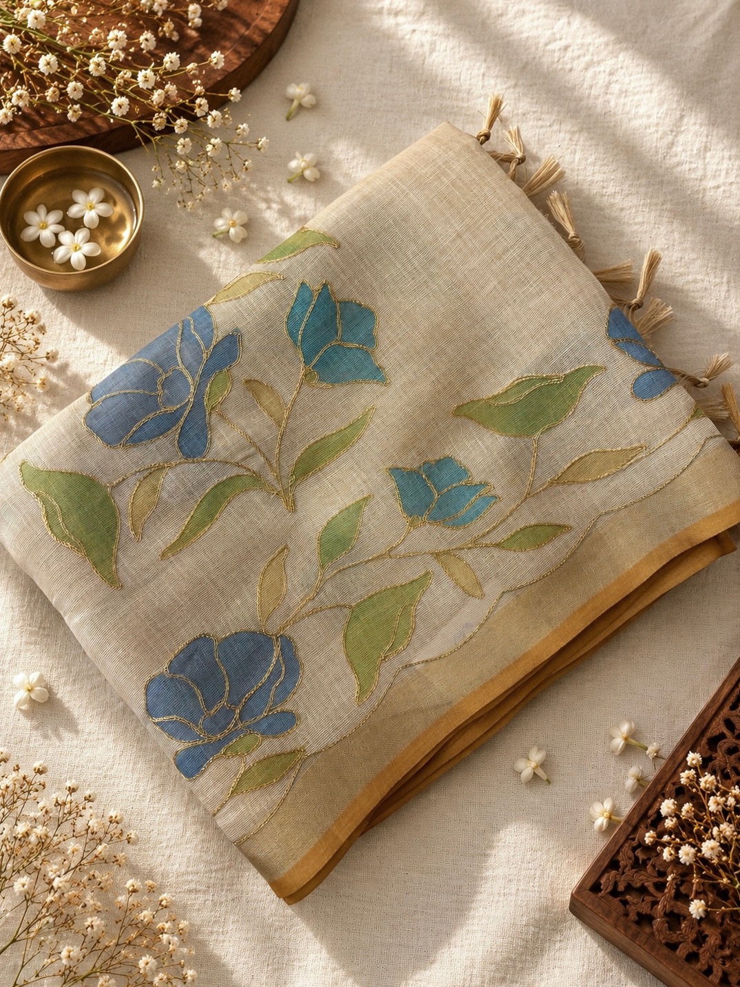 Cream Tissue Linen Sarees with Zari Embroidery