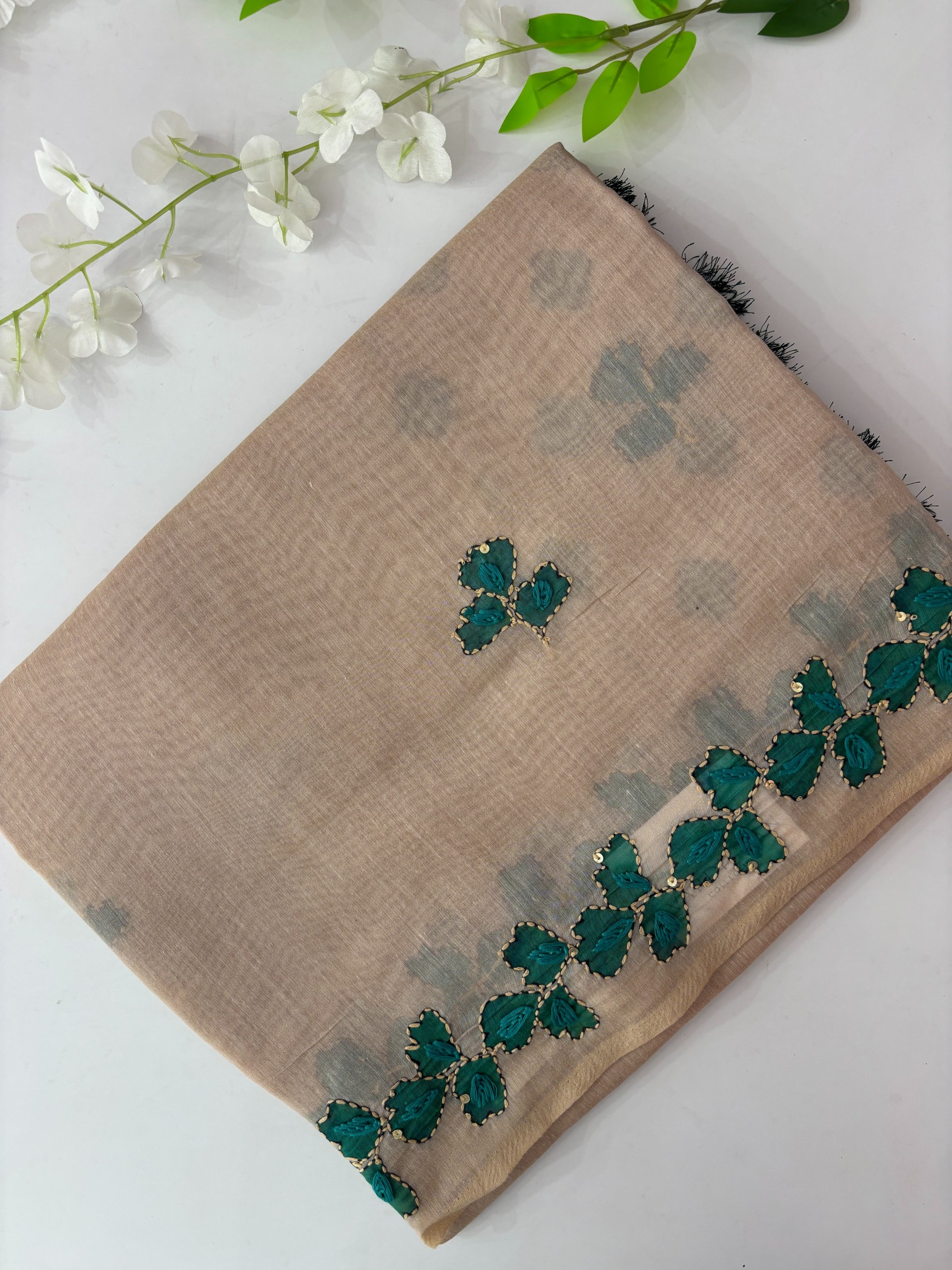 Off White Kantha Work Saree