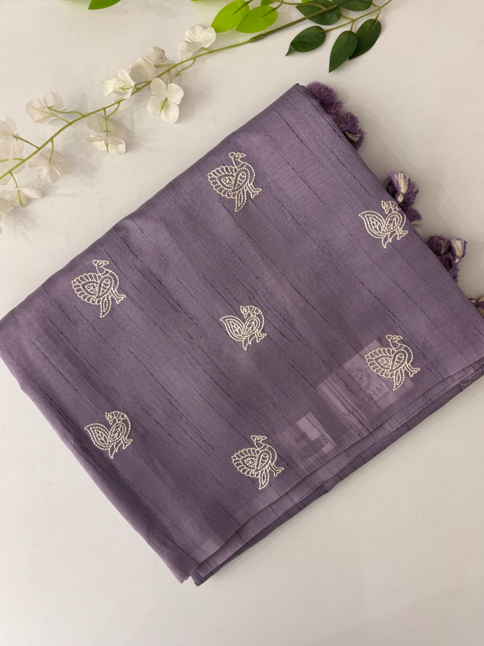 Lavender Tussar Silk Saree with Embroidery & Printed Blouse