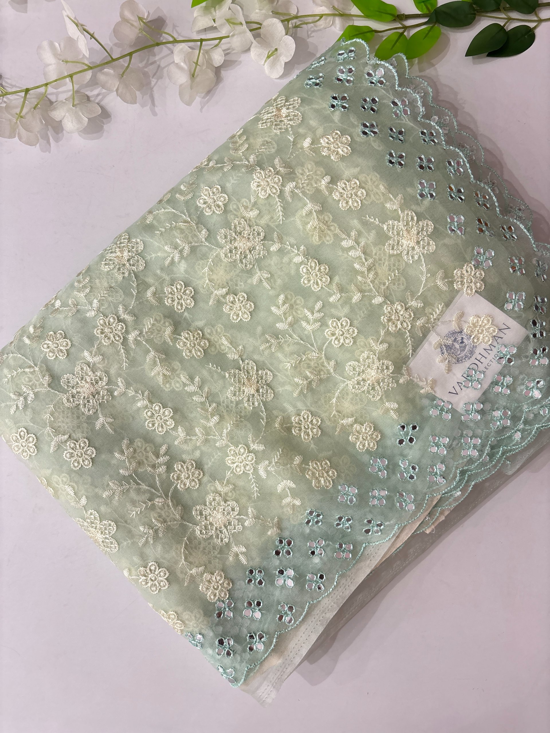 Mint Organza Saree with Embroidery & Mirror Work