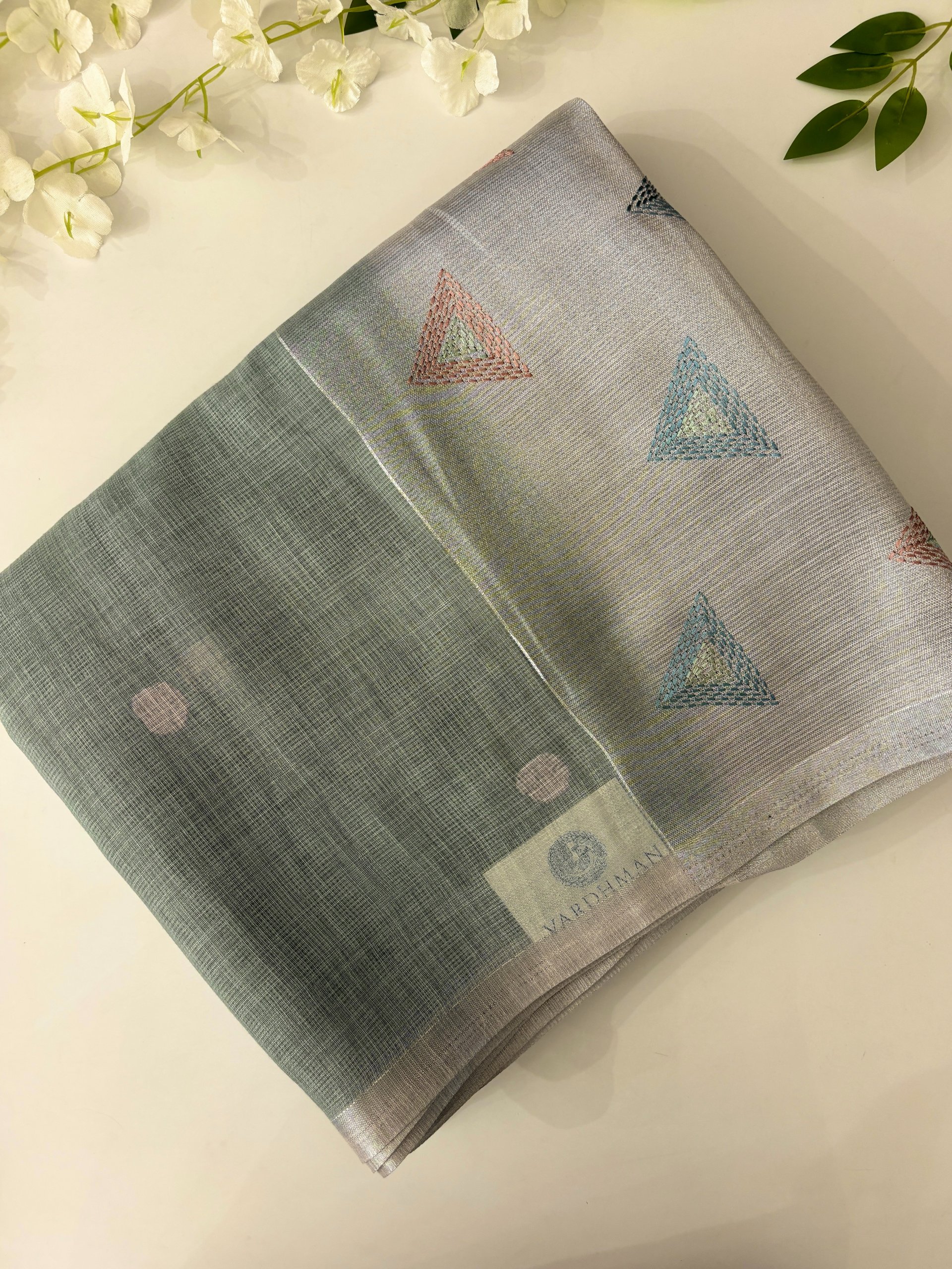 Dusty Powder Blue Jute Linen Sarees with Embroidery