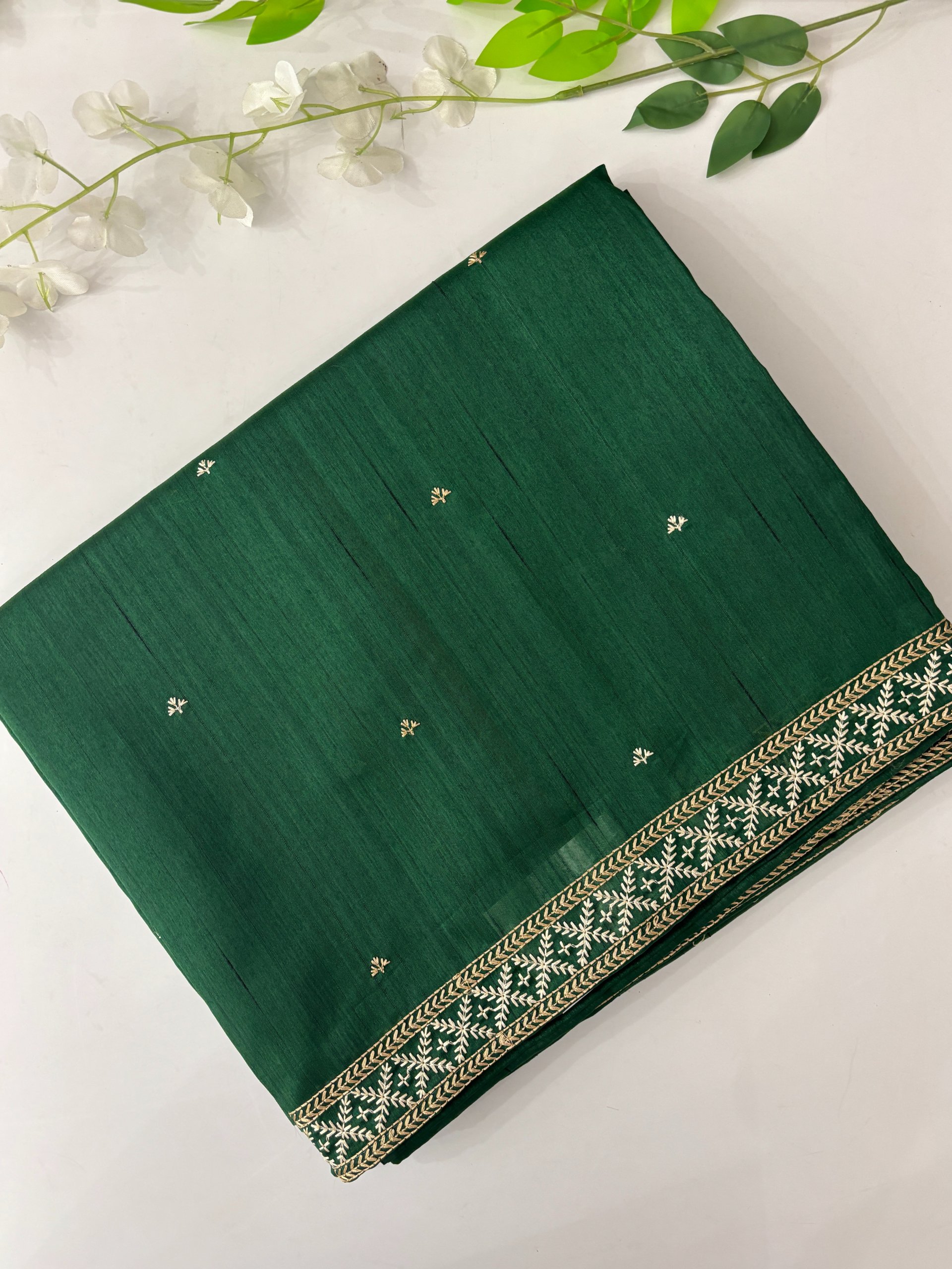 Green Tussar Silk Saree with Embroidery