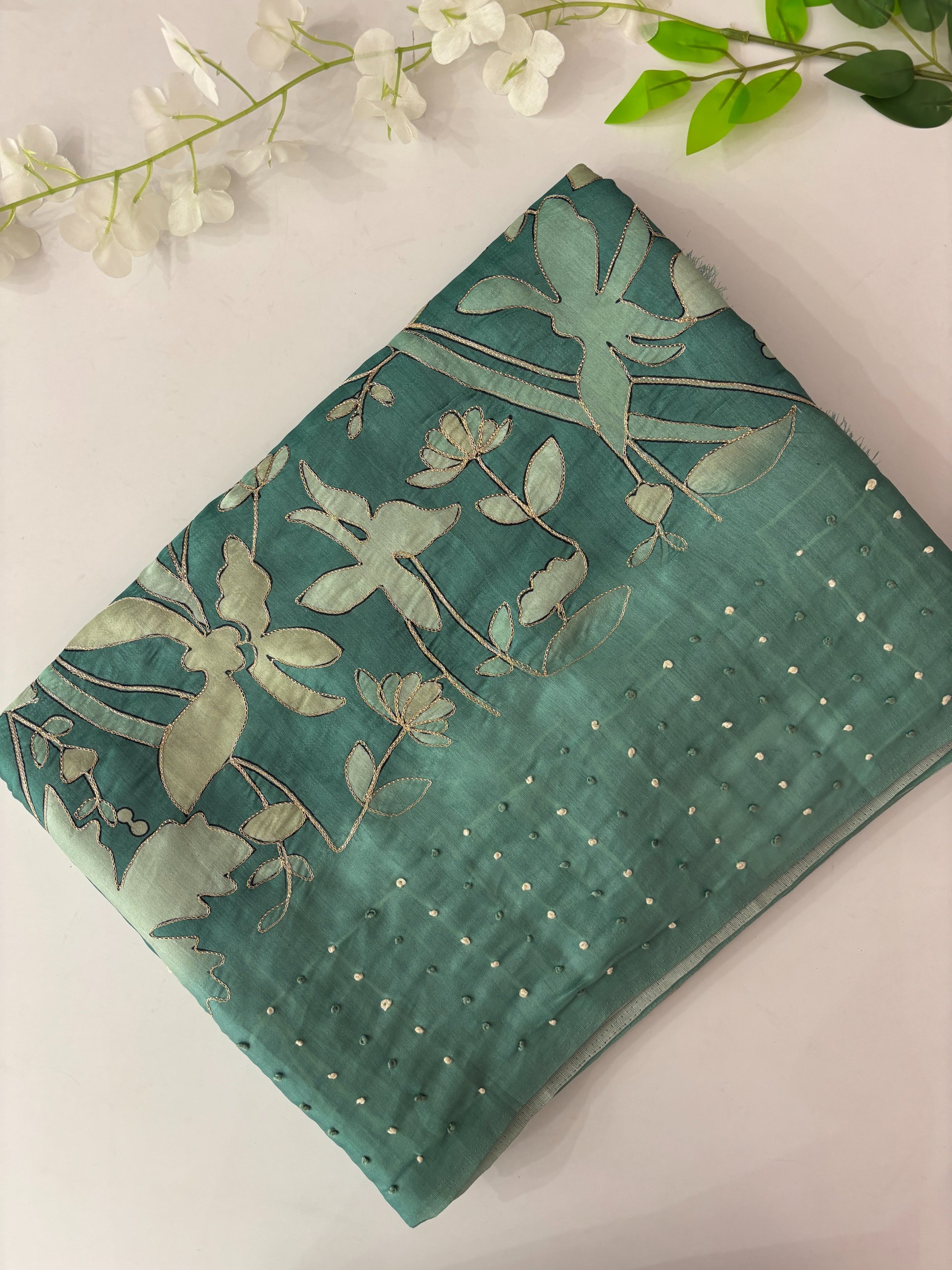 Turquoise Green Printed Soft Tussar Silk Saree with Aari & Knot Work