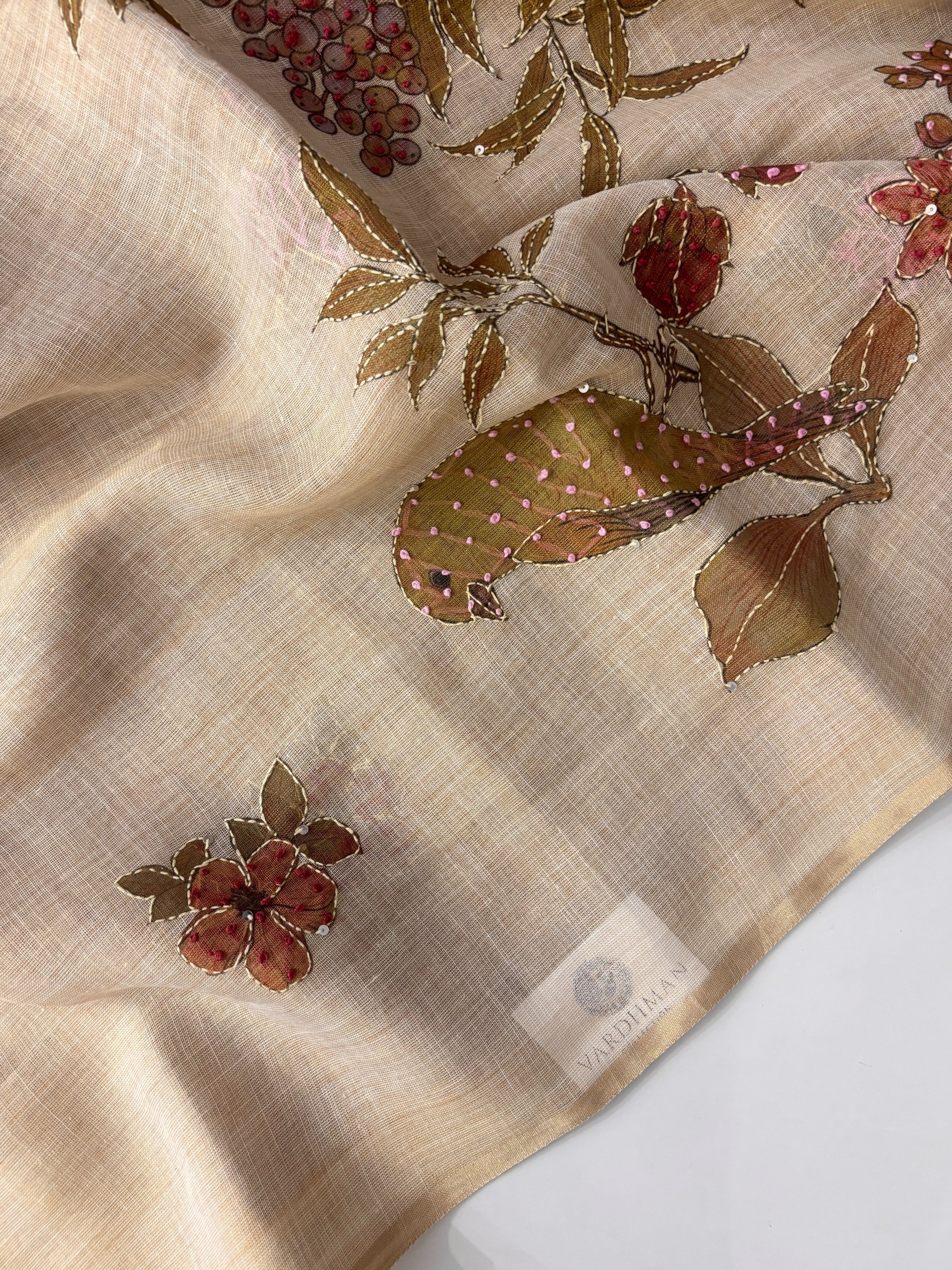 Off White Tissue Linen Knot Work Saree