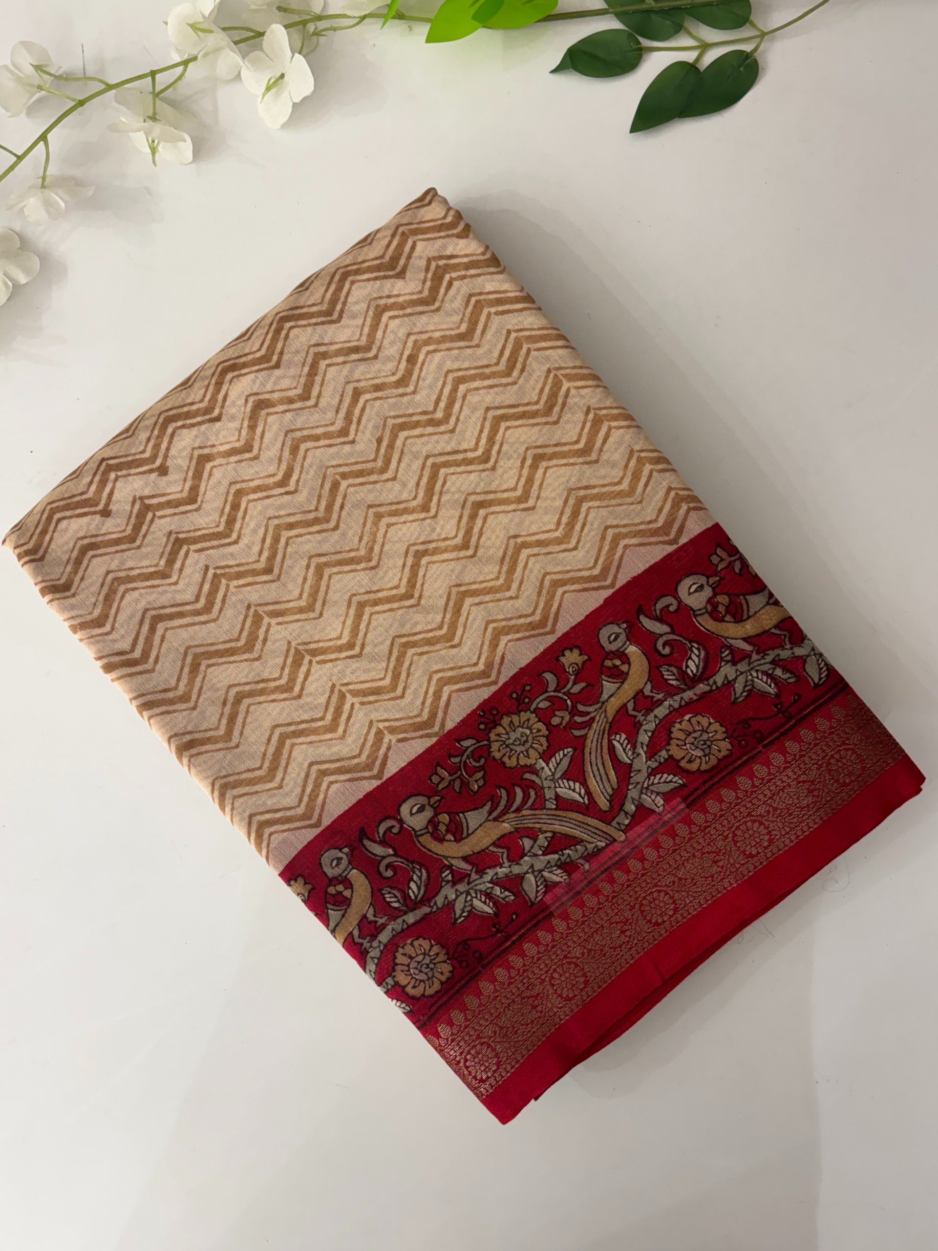 Cream and Red Chanderi Cotton Saree