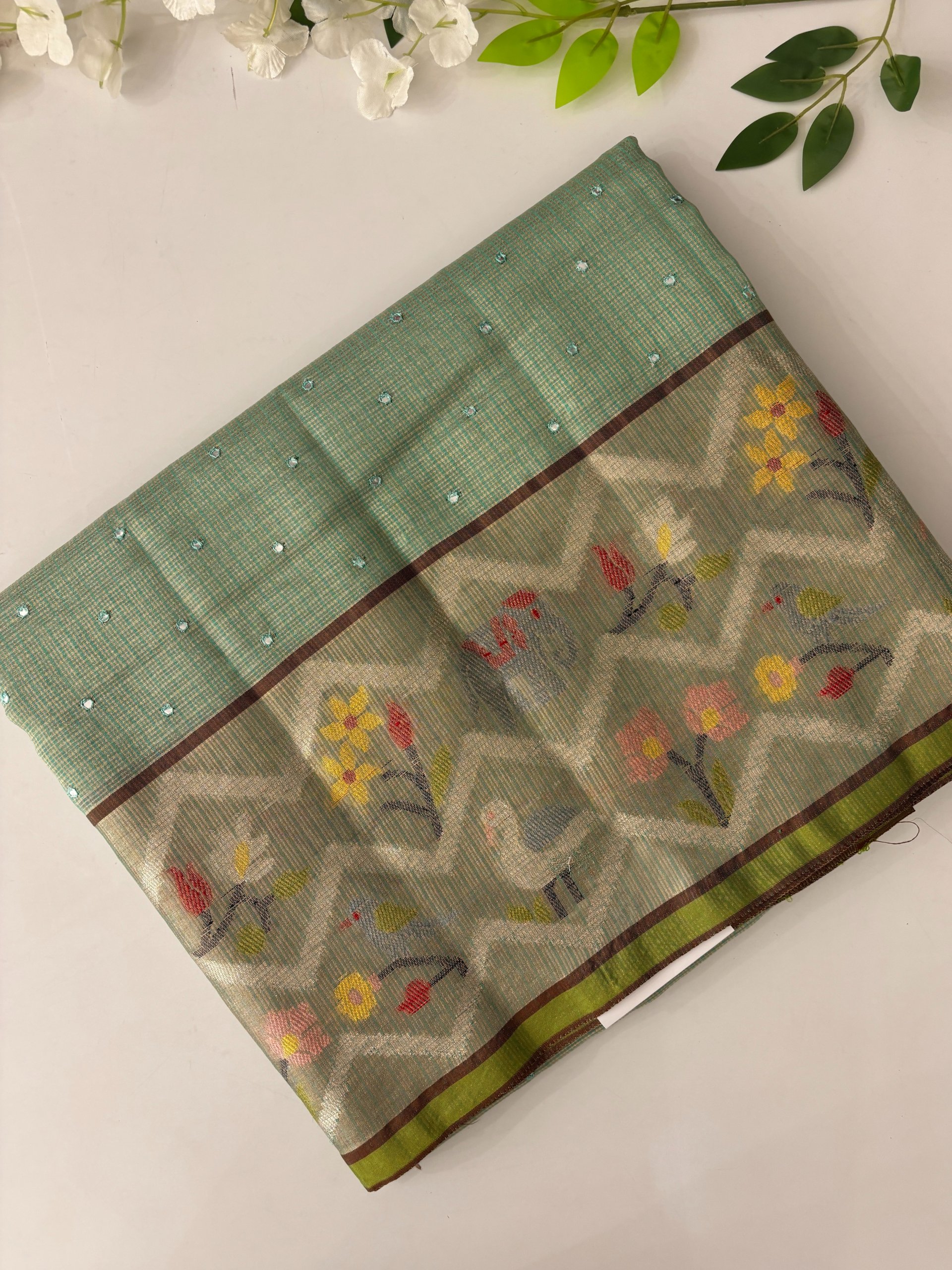 Green Tissue Kota Cotton Saree with Mirror Work