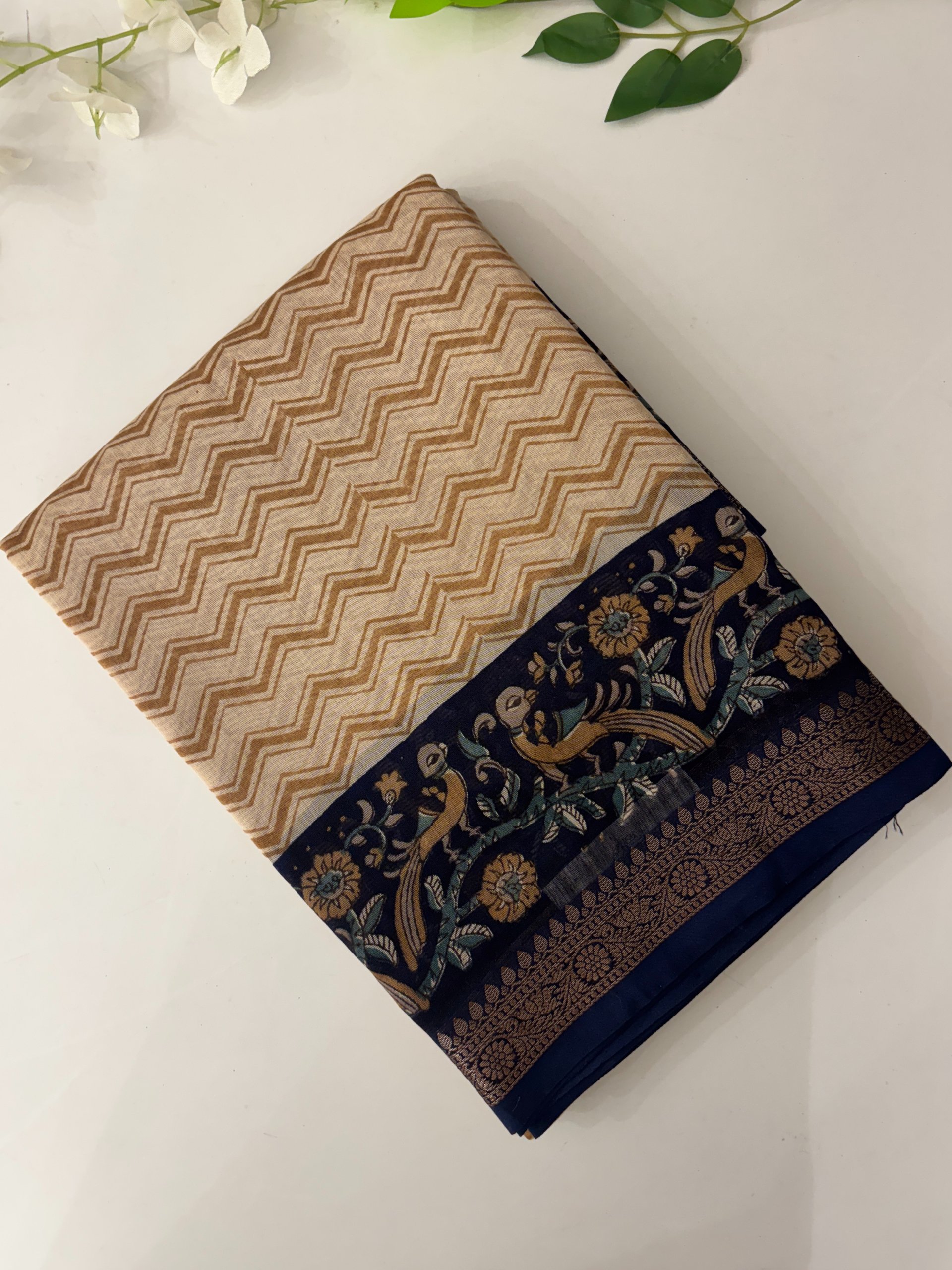 Cream and Navy Blue Chanderi Cotton Saree