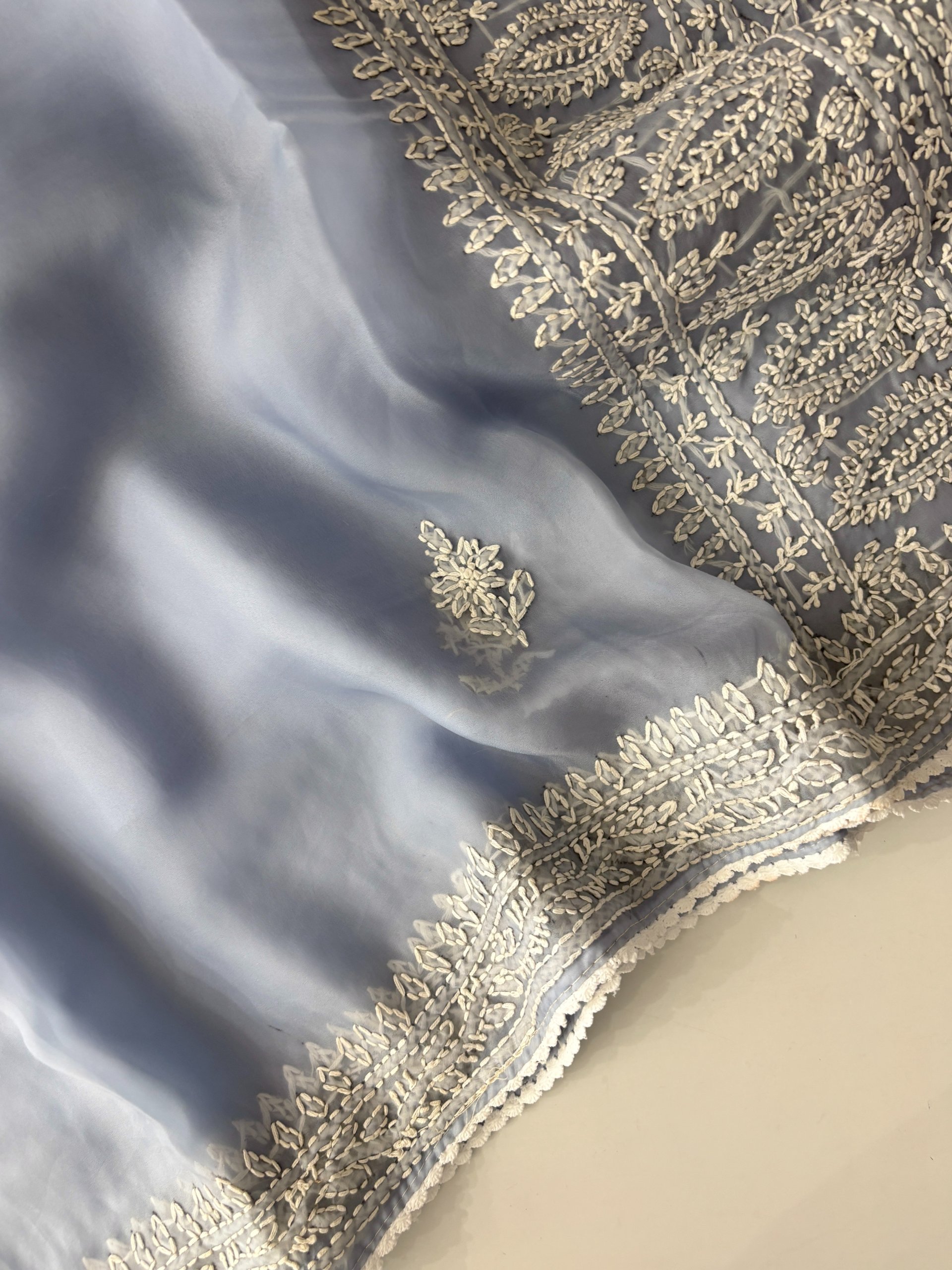 Powder Blue Soft Organza Saree with Katha Work