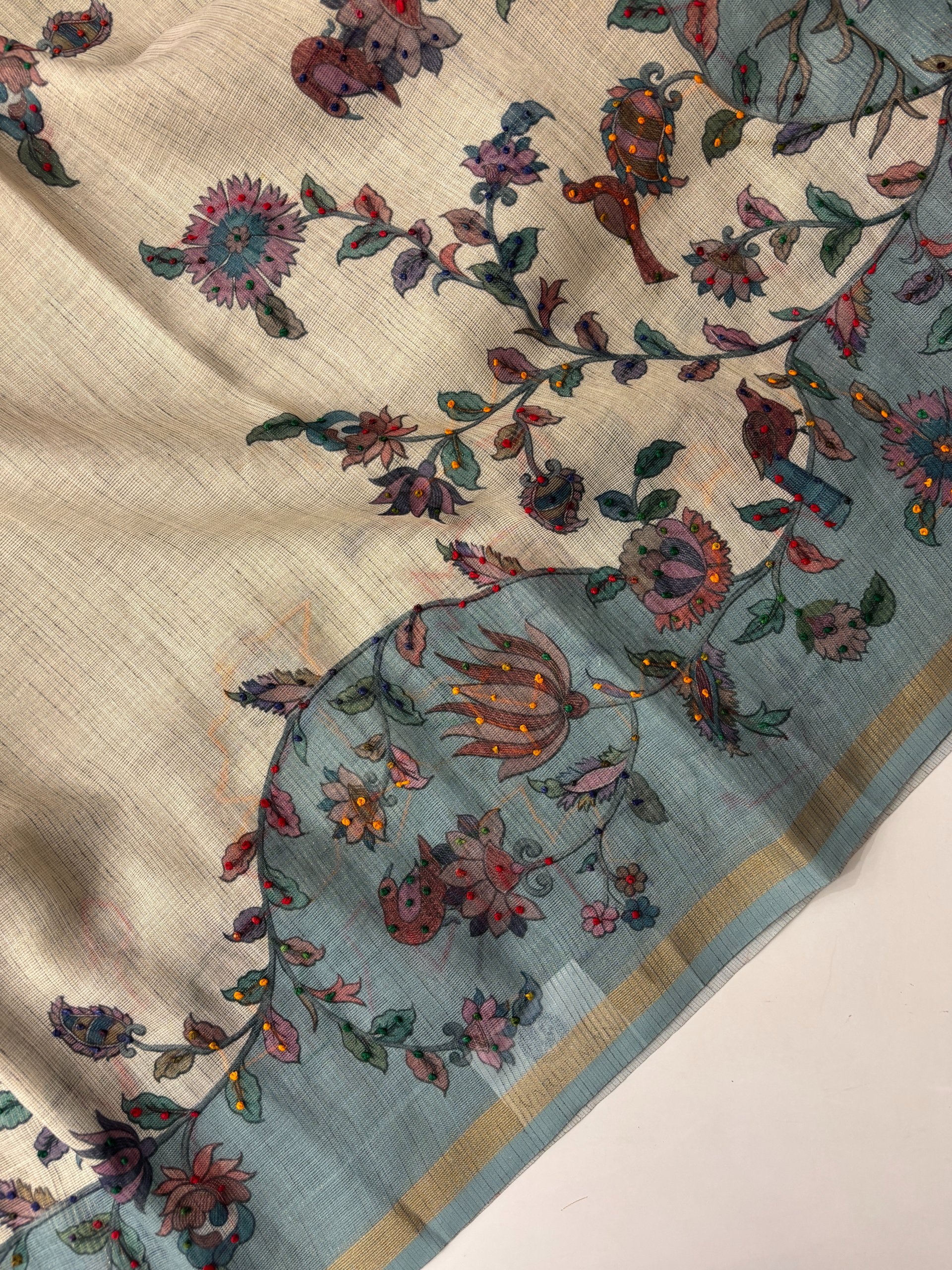 Off White and Blue Tissue Linen Knot Work Saree