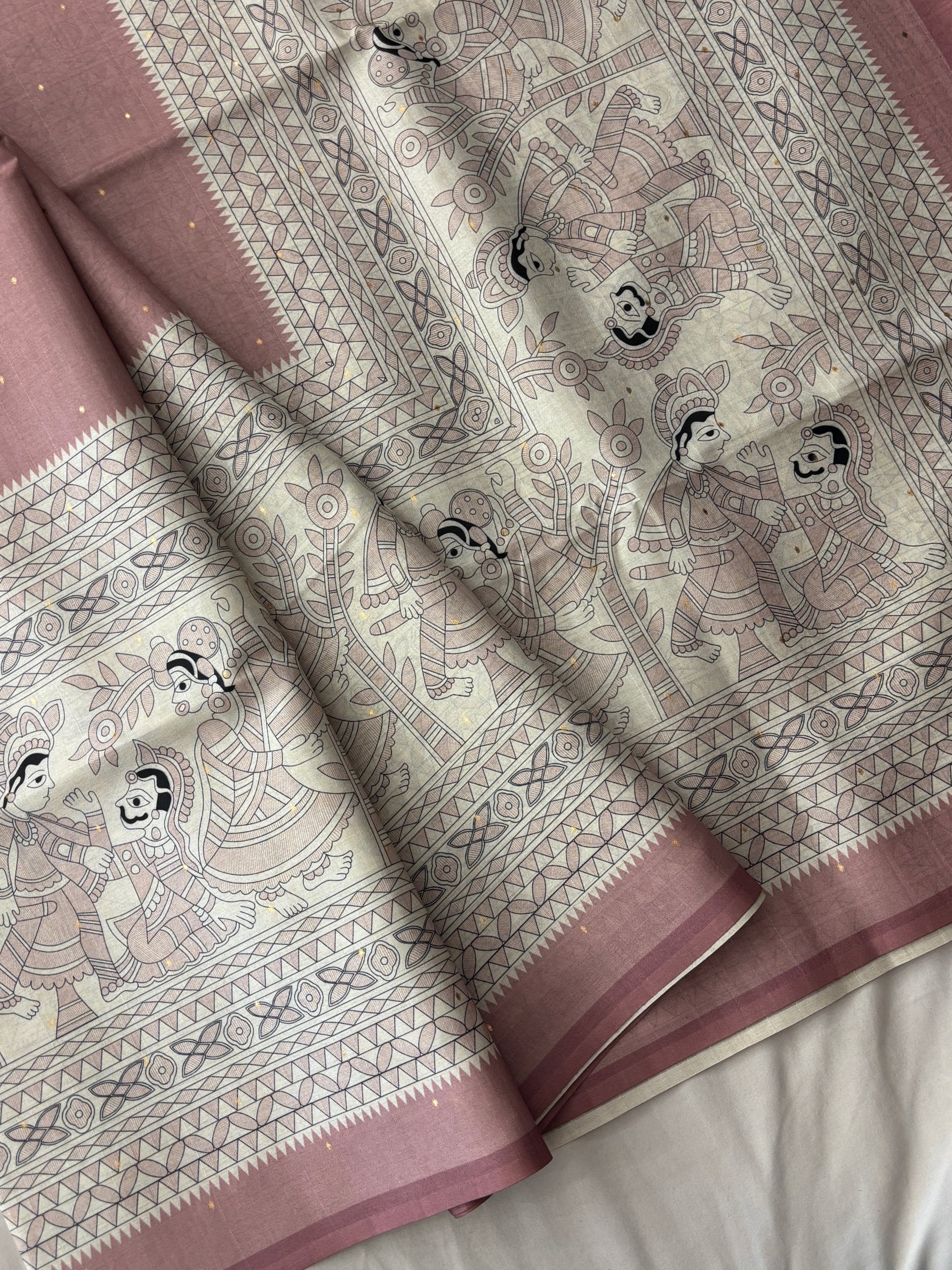 Dusty Pink Tussar Silk Madhubani Print Saree