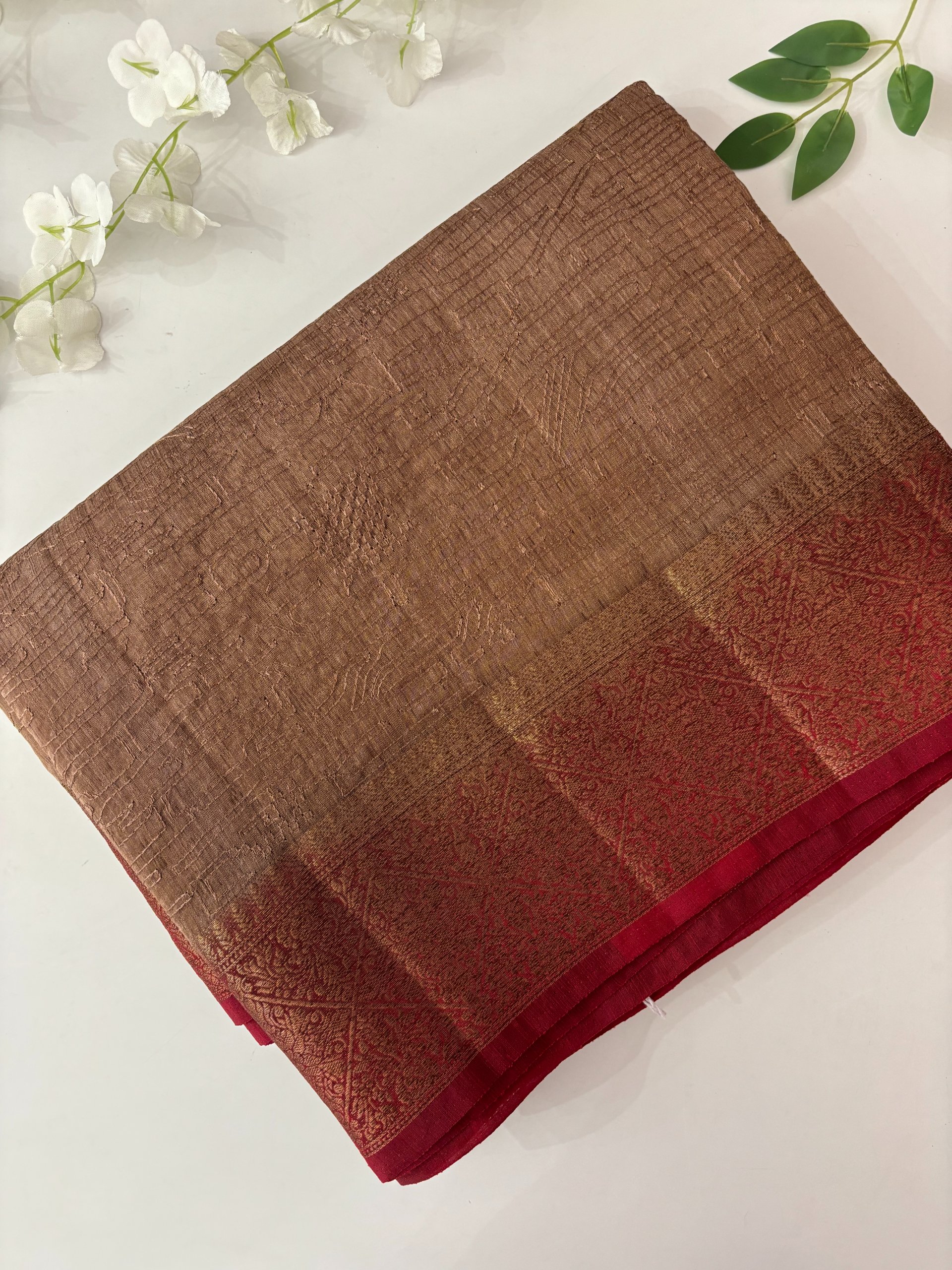 Dark Beige Banarasi Jute Linen Silk Saree with Embroidery