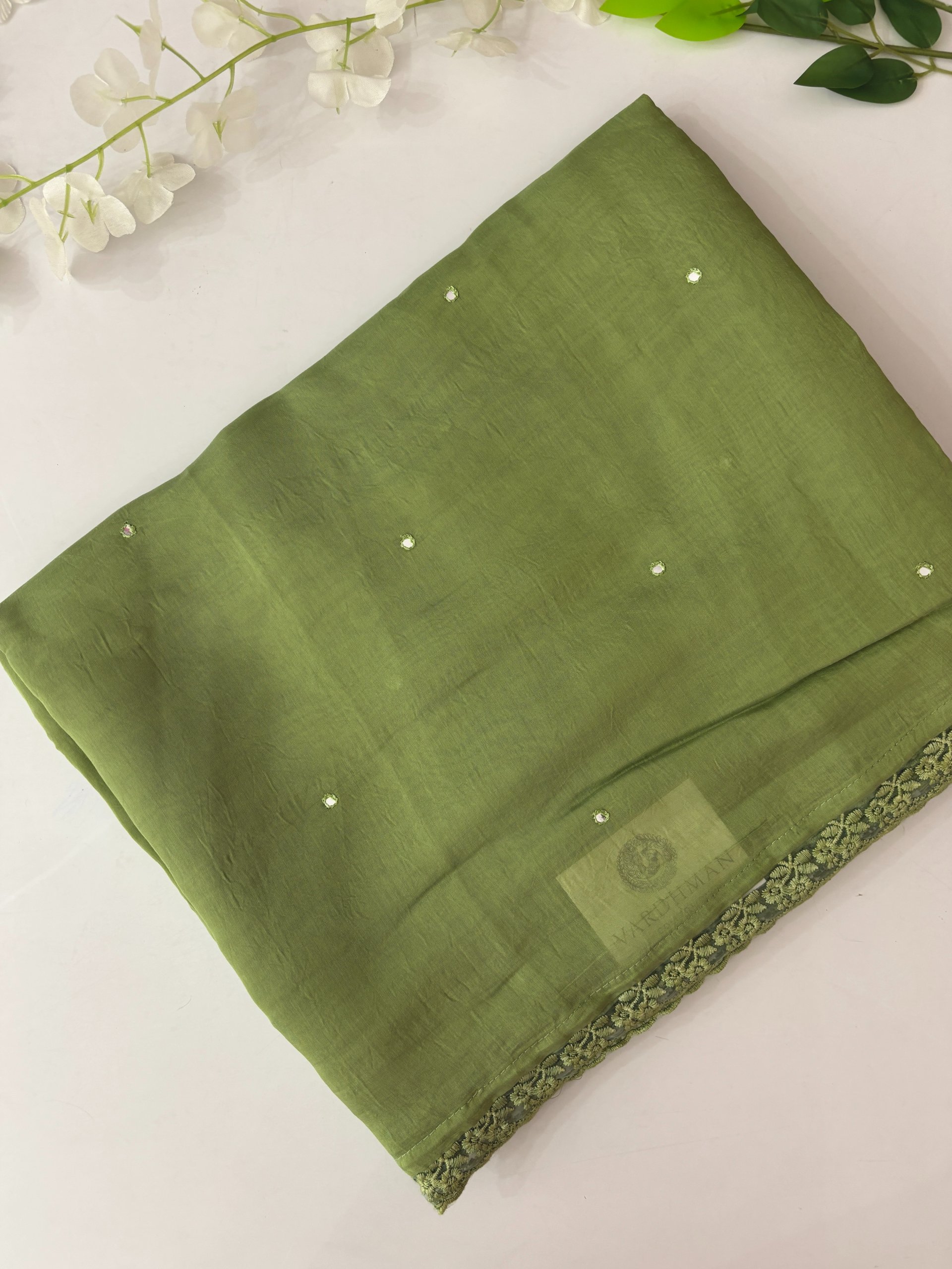 Green Mul Chanderi Saree with Mirror Work