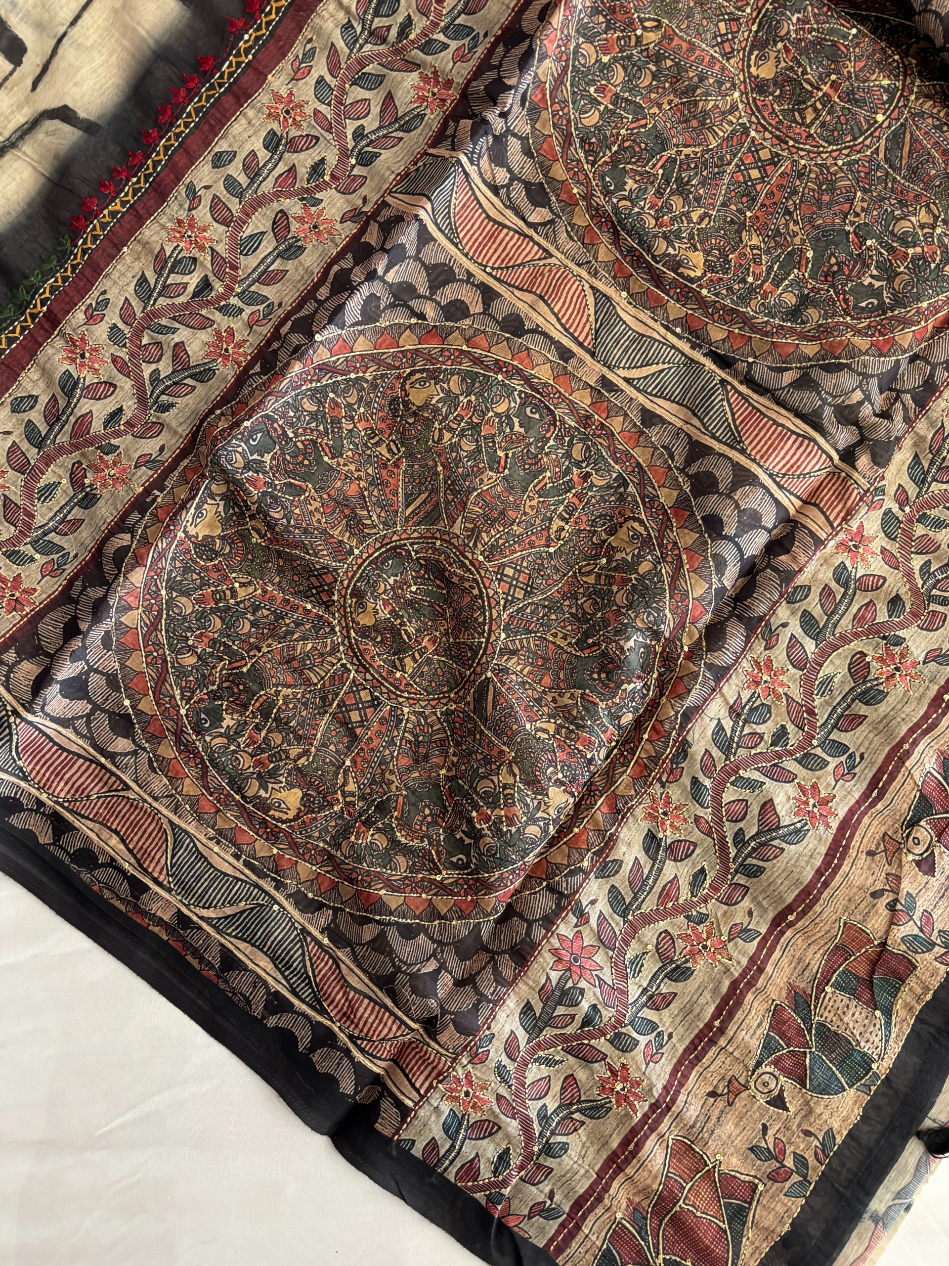 Black Chanderi Cotton Saree with Knot Work Border & Kantha Work Pallu