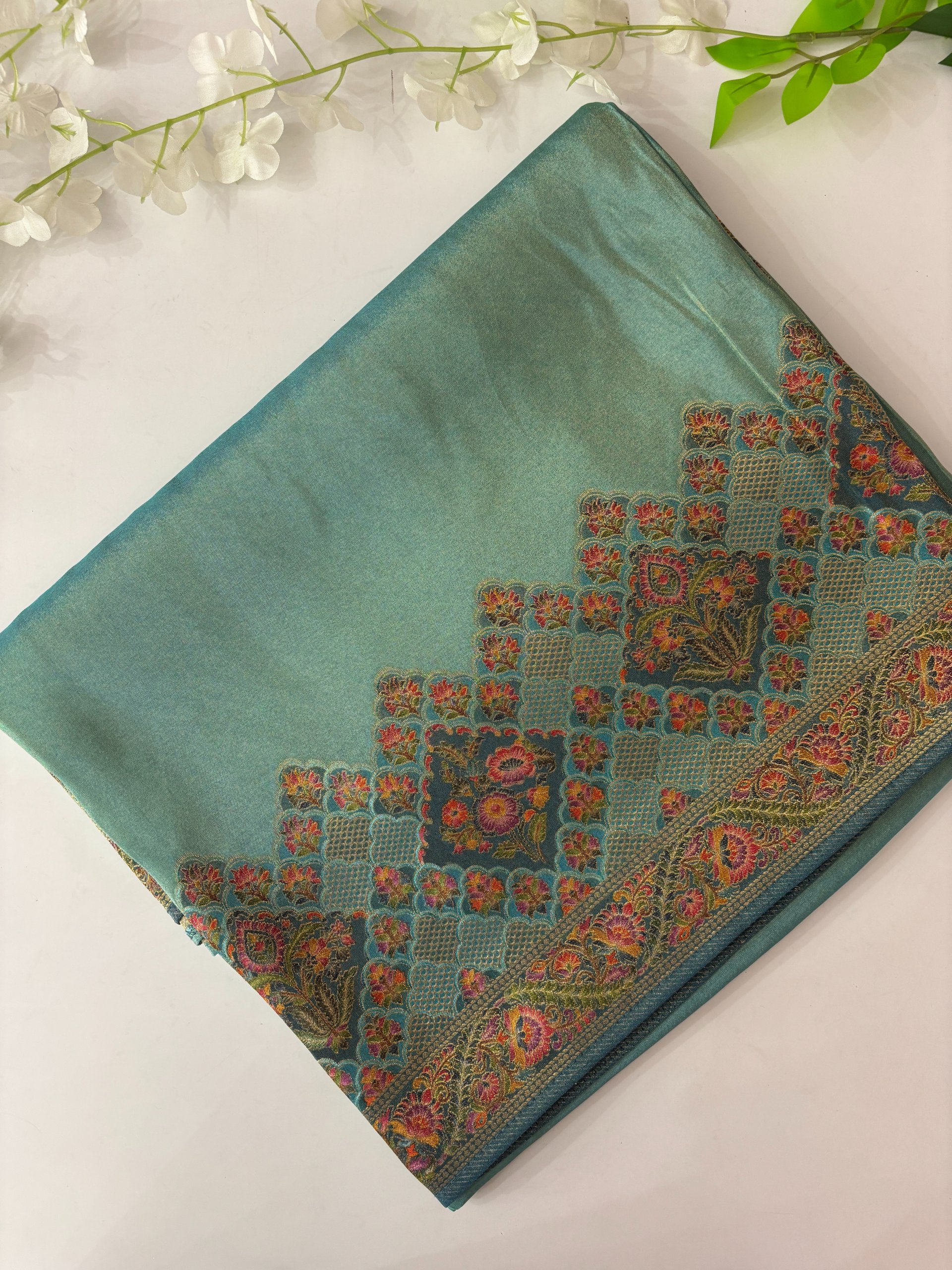 Turquoise Blue Banarasi Dola Tissue Saree